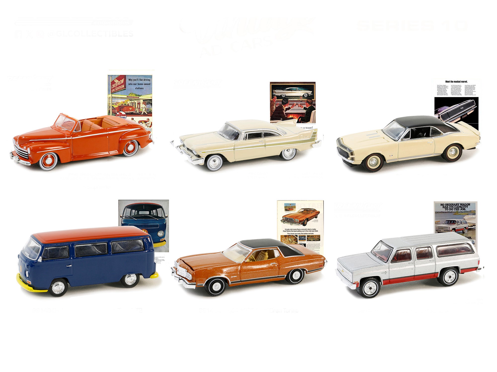 Vintage Ad Cars Set of 6 - Series 10 1/64 Scale Diecast Model Cars by Greenlight - Perfect for Collectors, Display & Gift Giving