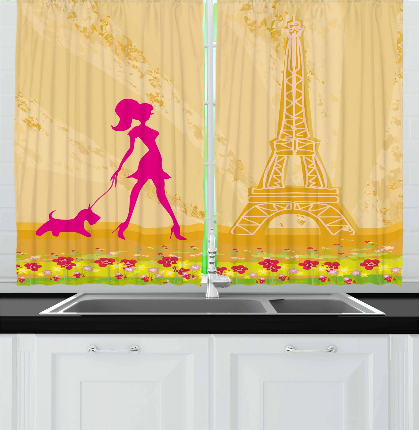Ambesonne Pink Paris Themed Kitchen Curtains - 55