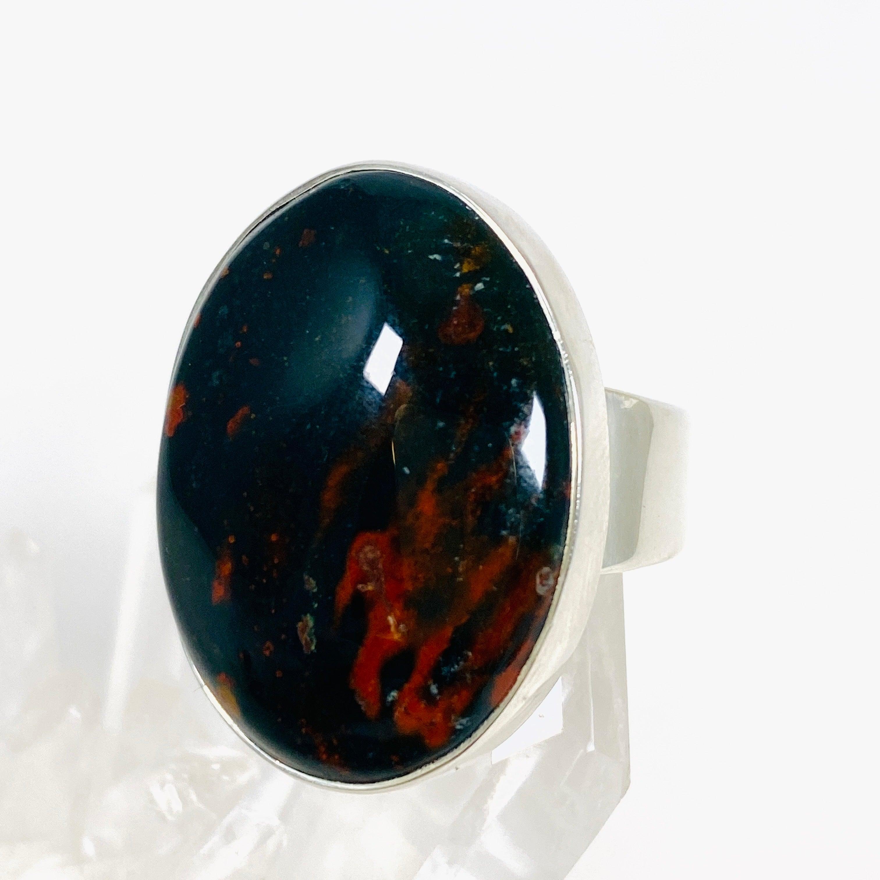 Bloodstone Oval Ring for Women - Size 8 Sterling Silver KRGJ3075 | Healing Crystal Jewelry for Meditation & Spiritual Protection