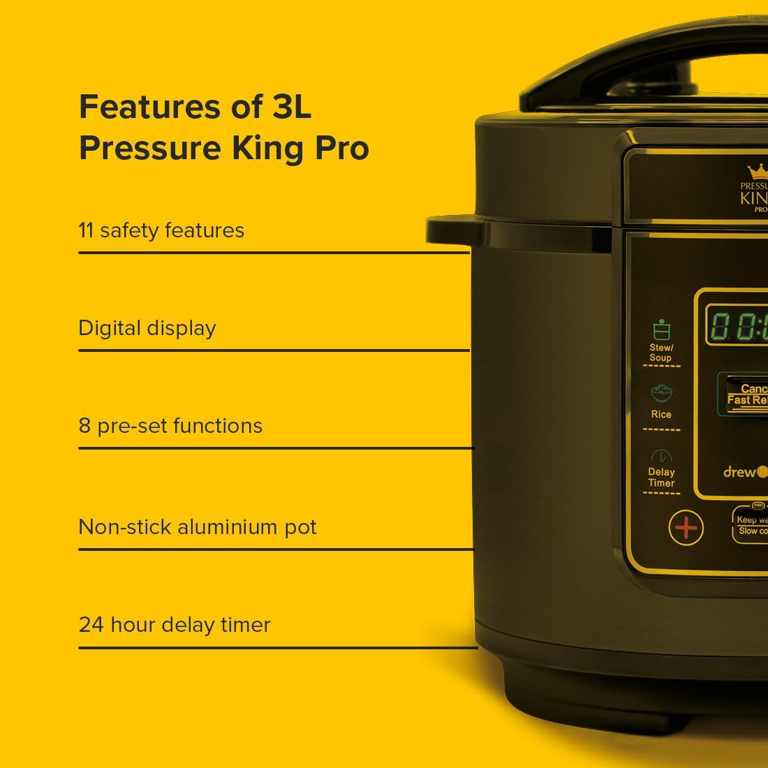 Drew & Cole Pressure King Pro 3L Electric Pressure Cooker - 700W Chrome 8-in-1 Multi Cooker with Digital Display & Non-Stick Pot - Rice Cooker, Slow Cooker, Soup Maker - Perfect for Meal Prep, Family Dinners & Quick Cooking