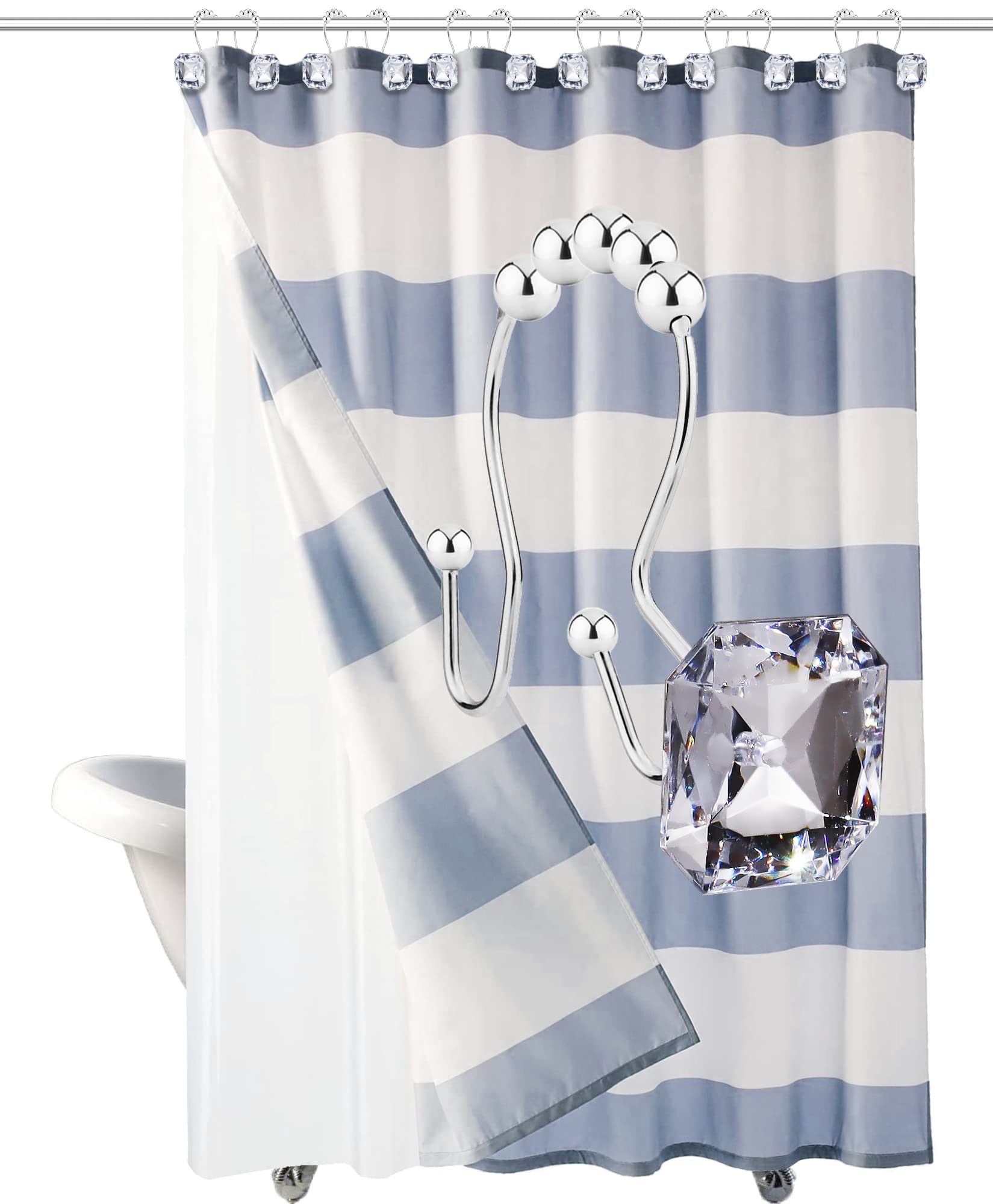 12PCS Crystal Rhinestone Shower Curtain Hooks - Anti-Rust Double Glide Rings for Bathroom, Shower Curtains, Towels & Clothing Hangers - Elegant Clear Design for Spa-Like Bathroom Decor