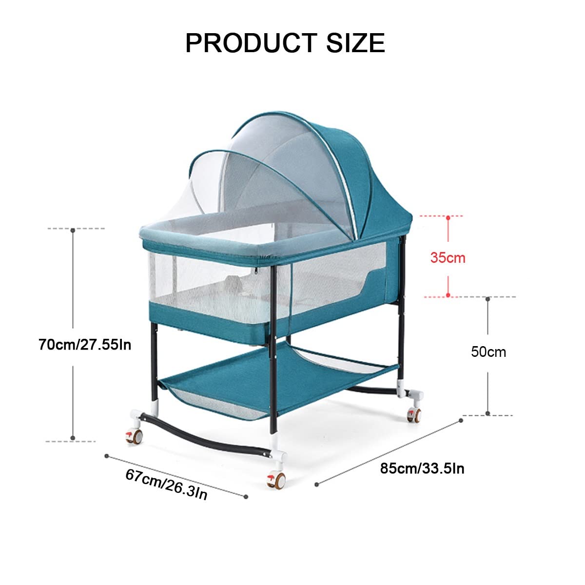 GENYS Adjustable Height Bedside Crib & Co-Sleeper for Babies 0-24 Months - Portable Rocker with Wheels, Mosquito Net & Breathable Mesh - Perfect for Nursery, Bedroom & Travel (Blue)