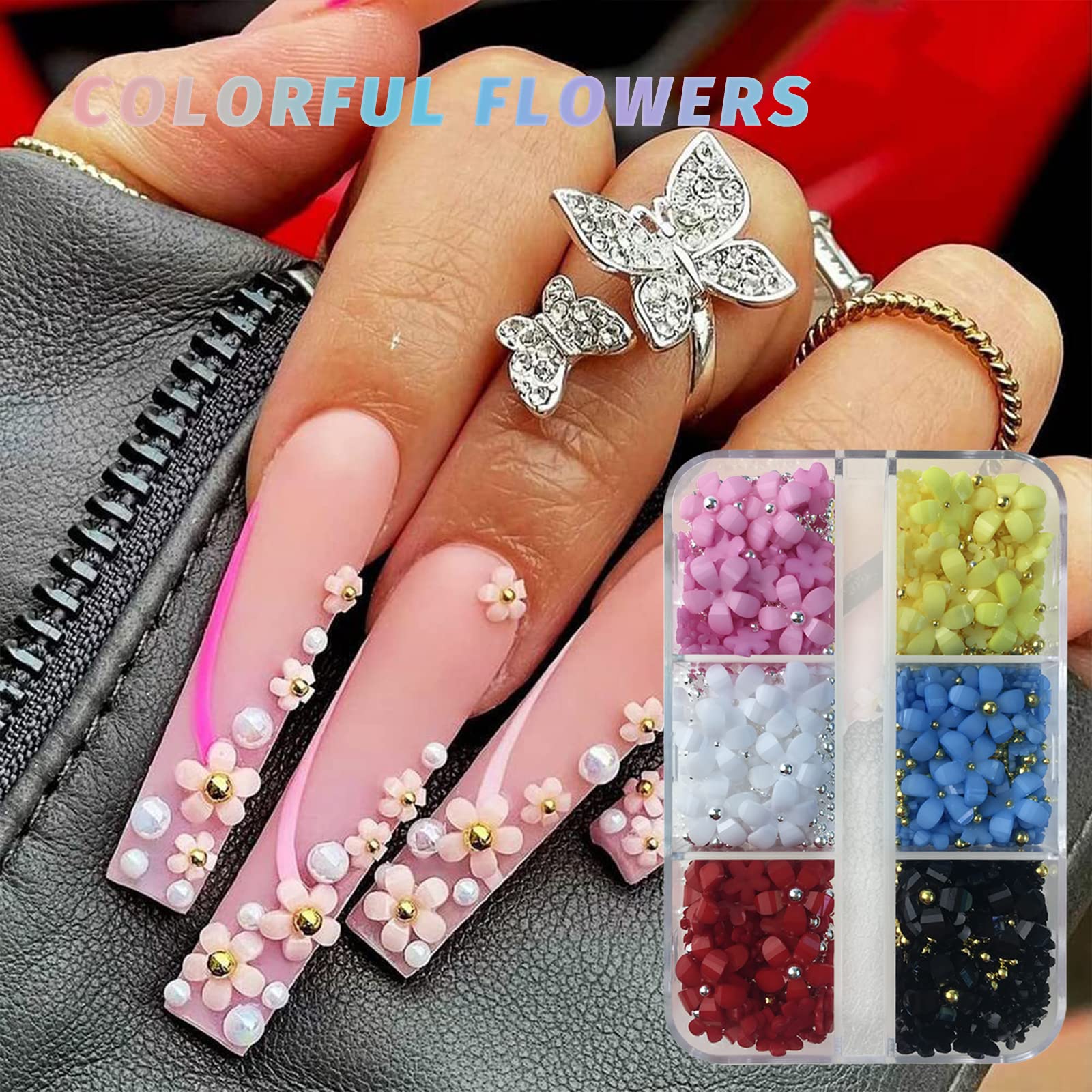 3D Flower Nail Charms - 6 Color Acrylic Nail Rhinestones with Gold Sliver Pearl for Spring Nail Art DIY (Blue Flower) | Perfect for Wedding, Party, and Salon Nail Designs
