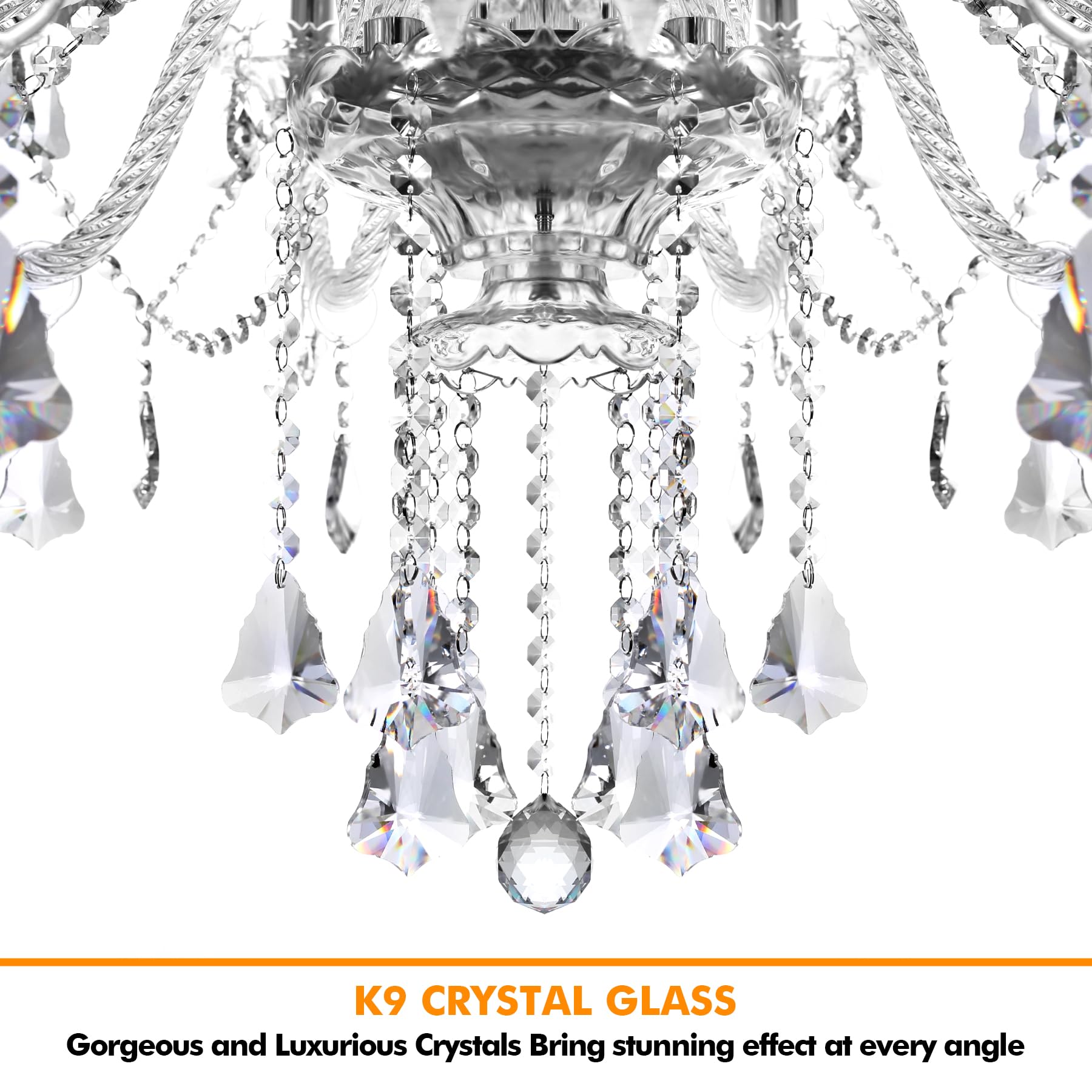 Ridgeyard 15-Light Crystal Chandelier - Modern Clear Crystal Pendant Ceiling Light Fixture for Dining Room, Living Room, Bedroom, Hallway & Entryway | Elegant Lighting for Weddings, Restaurants & Luxury Homes