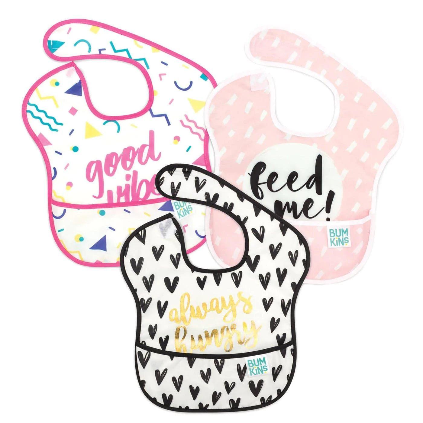 Bumkins SuperBib 3-Pack - Waterproof Baby Bibs for Messy Eaters | AlwaysHungry, FeedMe, GoodVibes Designs | Perfect for Mealtime, Daycare & Travel