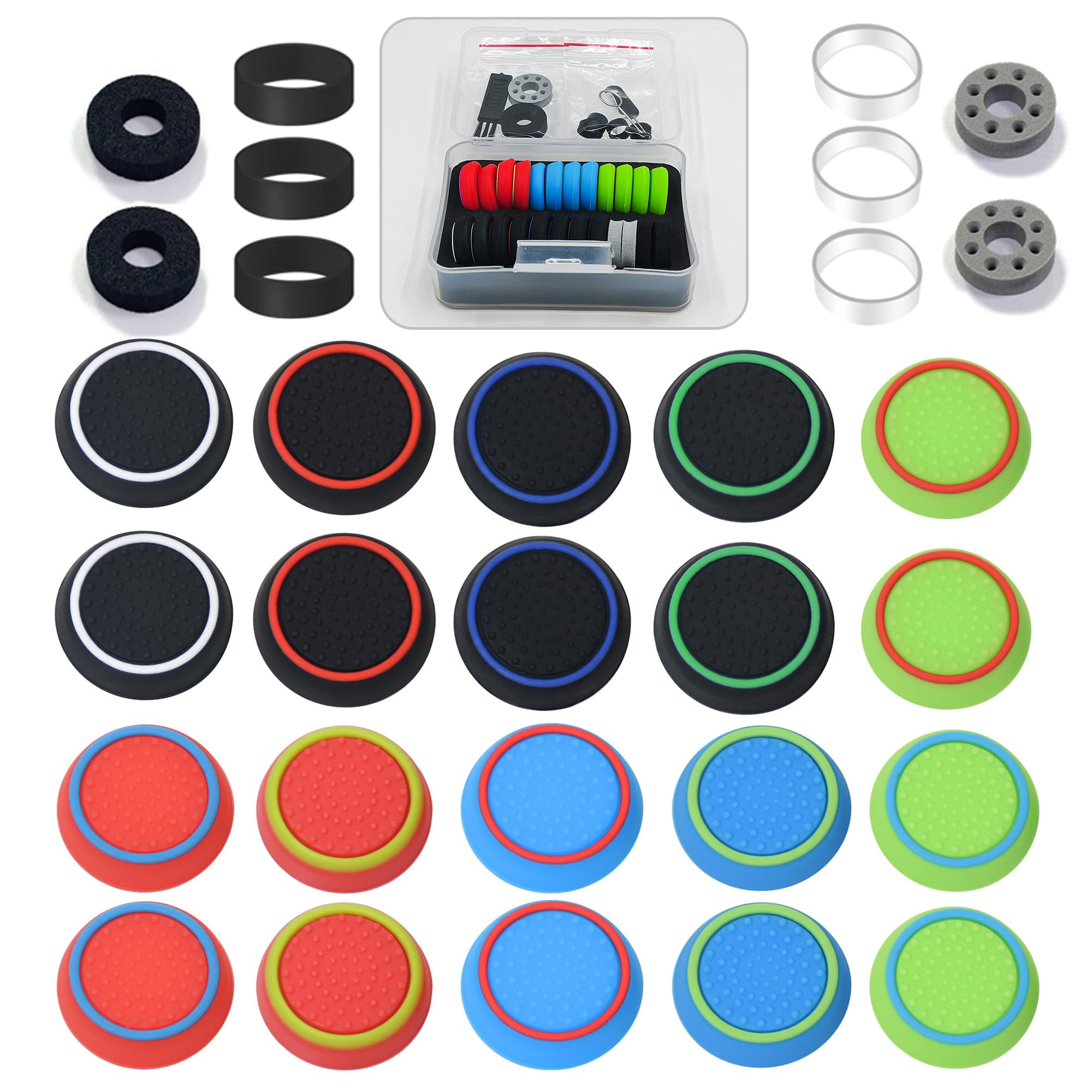 Premium PS5/PS4/Xbox/Switch Pro Controller Thumb Grips & Precision Rings Set (30pcs) - Red, Blue, Green - Enhanced Grip for Gaming, Anti-Slip Joystick Caps - Perfect for FPS, Racing & Competitive Gaming