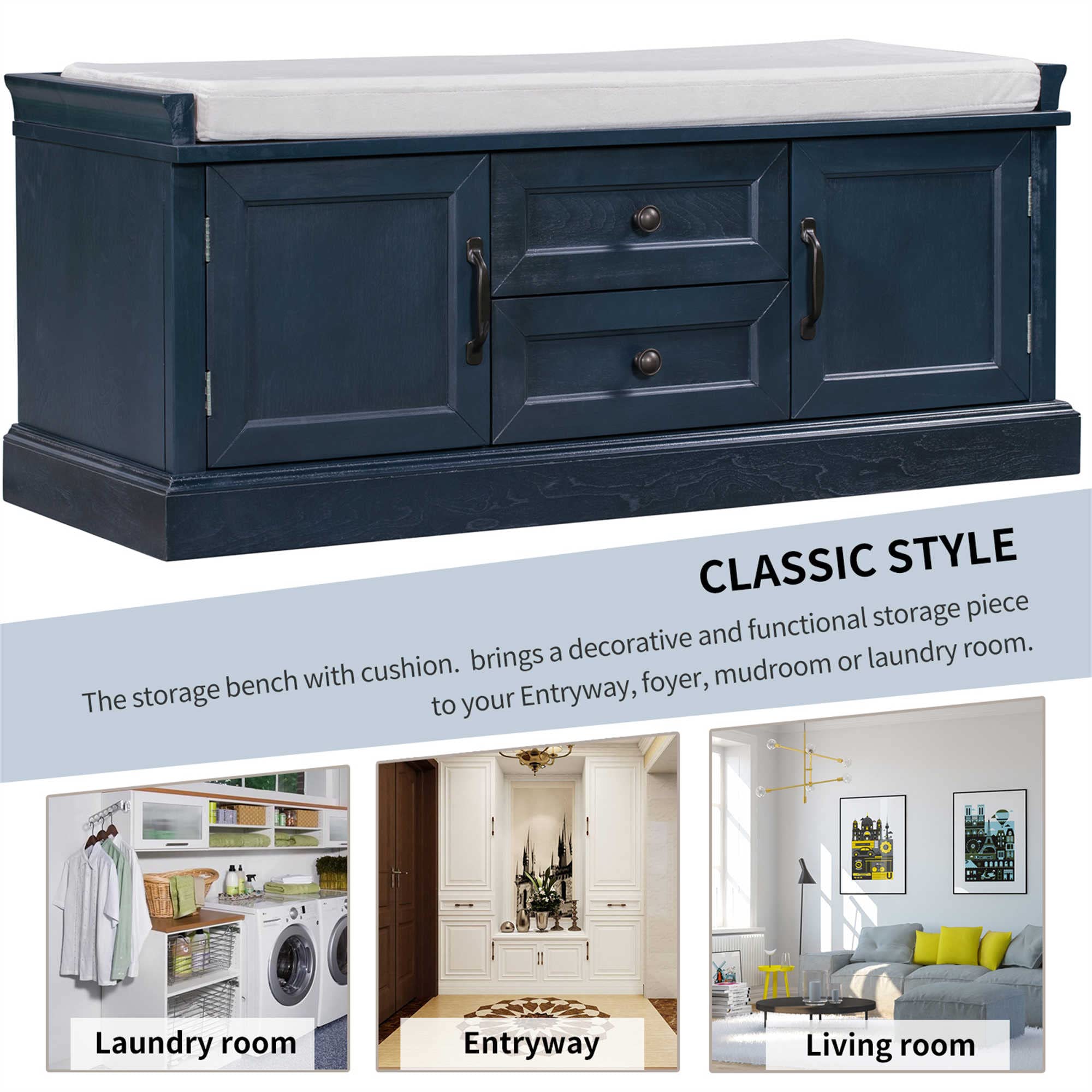 Rustic Wooden Storage Bench with 2 Cabinets & 2 Drawers - Entryway Shoe Bench with Removable Cushion - Antique Navy Organizer for Bedroom, Hallway, Living Room - Perfect for Small Space Storage & Entryway Seating