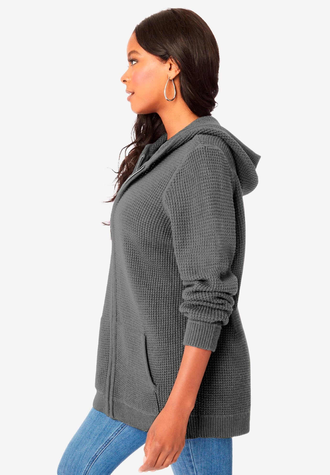 Roaman's Women's Plus Size Thermal Waffle Hoodie Zip Up Cardigan Jacket - Warm Winter Layering for Outdoor Activities & Cozy Home Wear