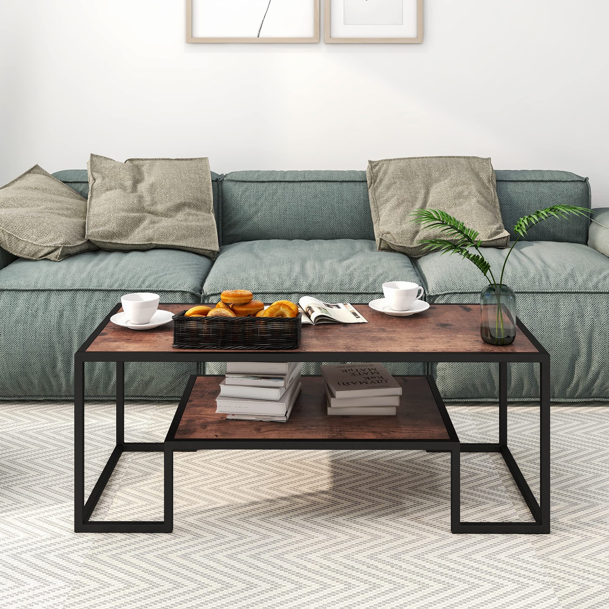 Modern Geometric Wood Coffee Table - 2-Tier Sturdy Wood & Metal Cocktail Table for Living Room, Office - Rustic Brown Finish - Perfect for Small Spaces, Home Decor & Entertaining Guests