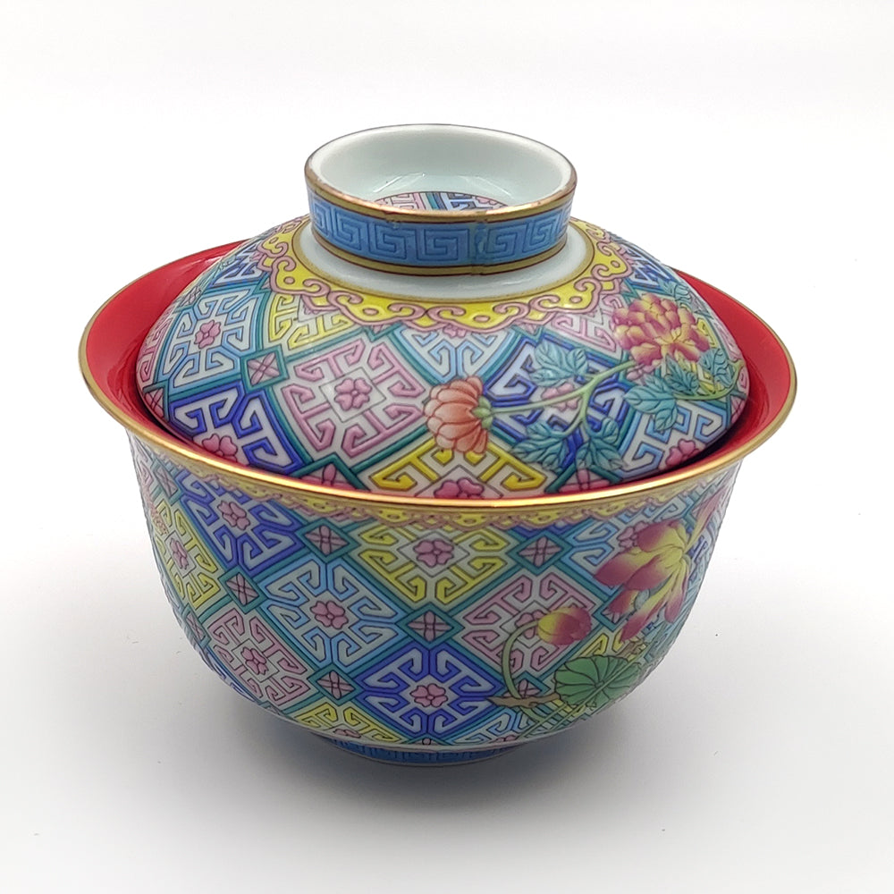 Polychrome Peony Porcelain Enamel Gaiwan - Chinese Tea Cup with Lid & Saucer - Handcrafted Floral Tea Set for Oolong, Green & Herbal Tea Brewing - Perfect for Tea Ceremonies, Gifts & Home Decor