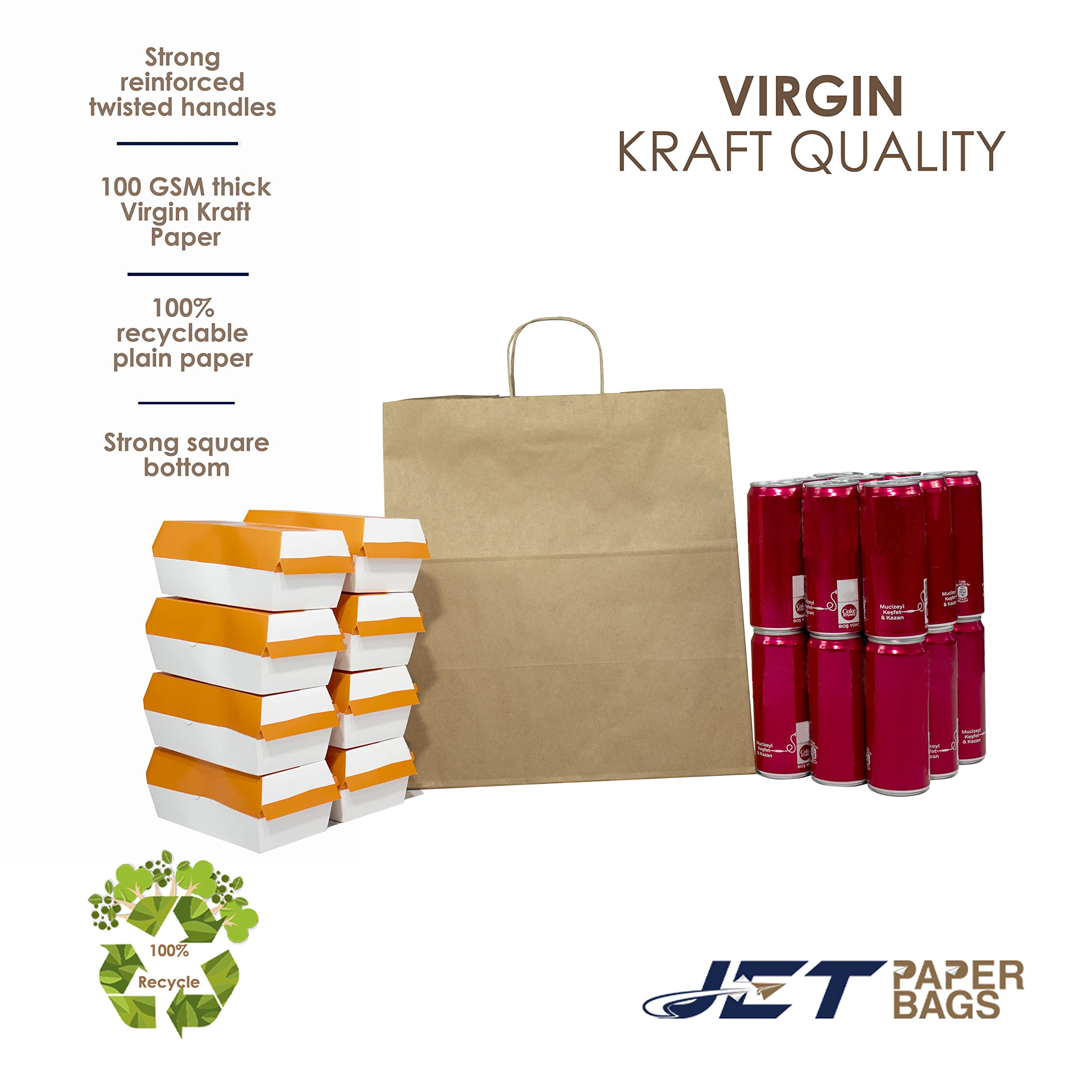 JET PAPER BAGS - 14”x9.5”x15.5” Large Brown Kraft Paper Bags with Handles [250 Pcs] - Eco-Friendly Recyclable Takeout Bags for Grocery, Retail, Parties, Weddings & Gift Giving - Perfect for Food Delivery, Shopping, and Special Occasions