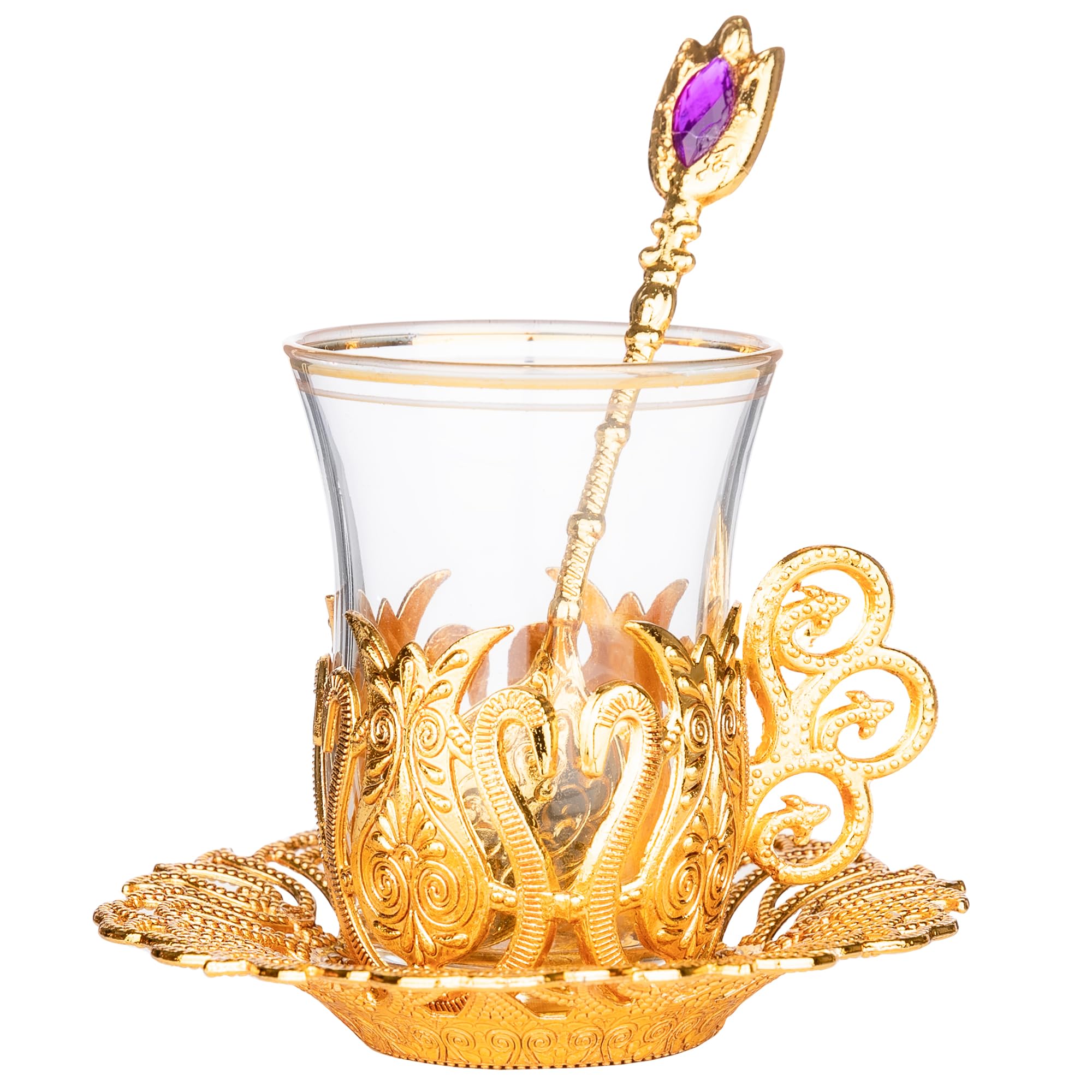 Handmade Turkish Tea Set - 6 Piece Ottoman Style Zamzam Serving Glasses with Saucers & Spoons (Gold) - Perfect for Traditional Tea Ceremonies & Home Decor