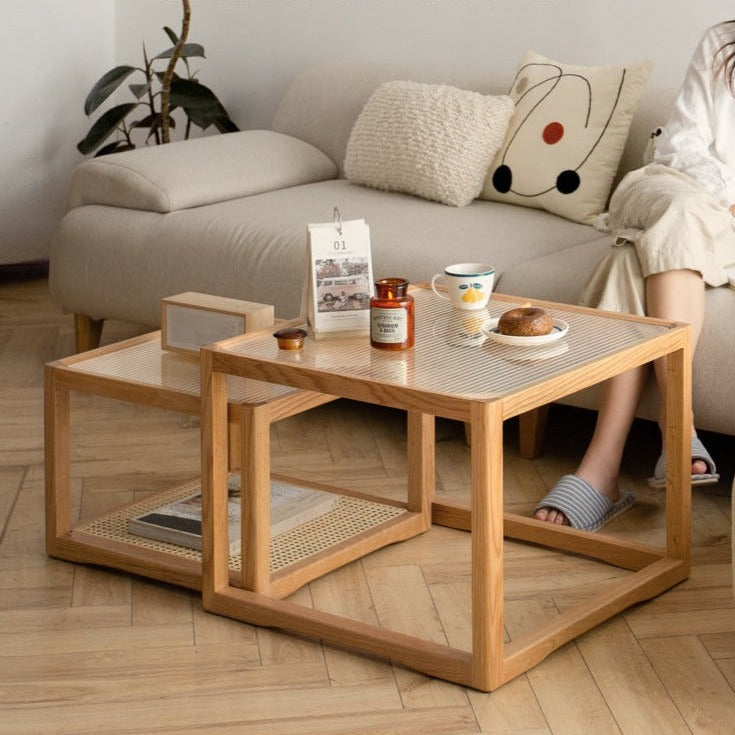 Solid Oak Wood Coffee Table with Glass Top and Rattan Shelf - Perfect for Living Room, Patio, or Outdoor Furniture Decor