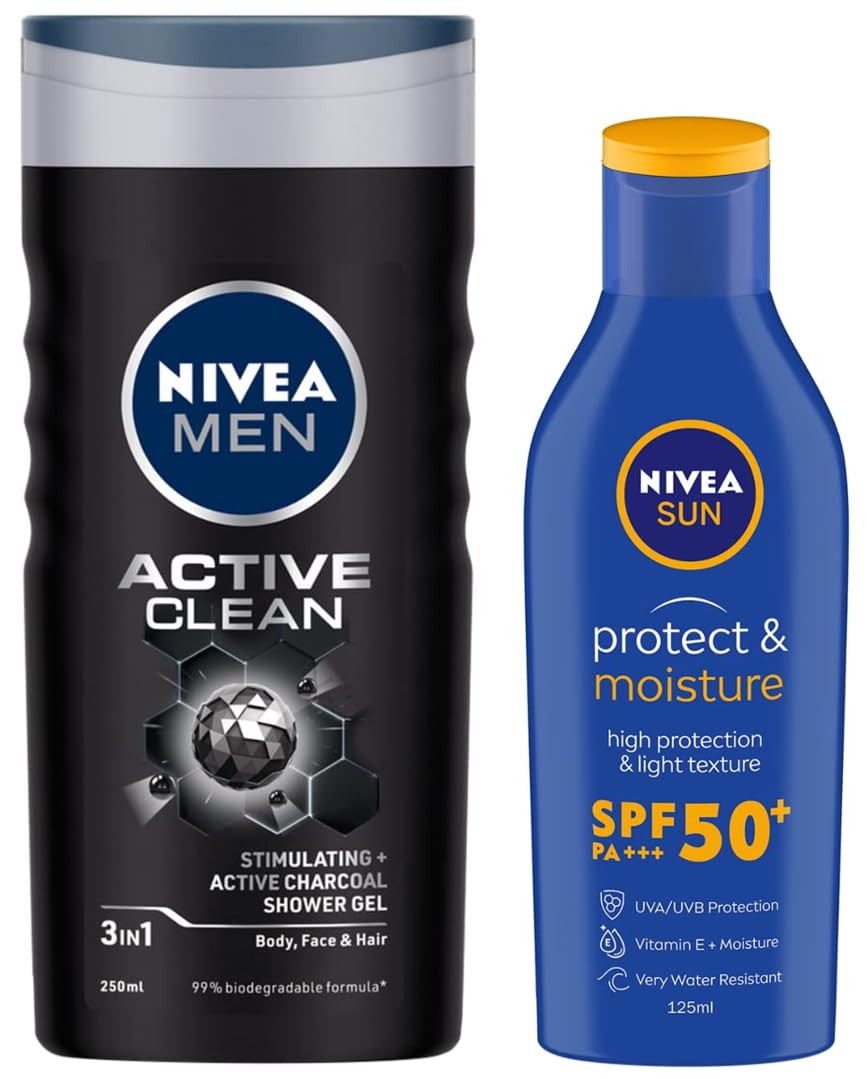 Nivea Men Active Clean Shower Gel & Sun Moisturizing Lotion SPF 50 Bundle - 250ml Body Wash & 125ml Sunscreen for Men - Perfect for Gym, Travel & Outdoor Activities