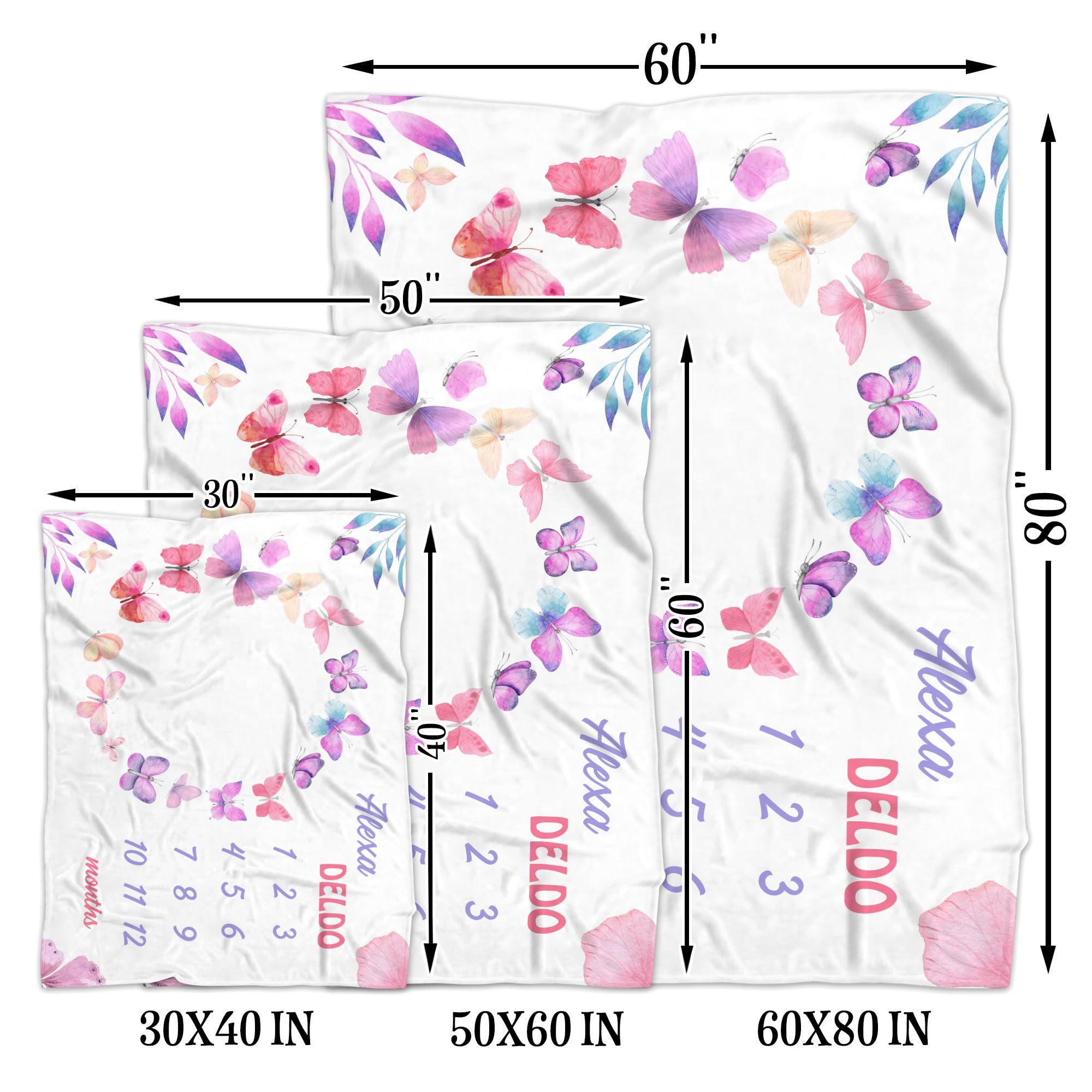 Personalized Butterfly Baby Monthly Blanket - Custom Newborn Nursery Receiving Blanket 60x80 - Soft Plush Fleece for Baby Shower, Photography & Nursery Decor