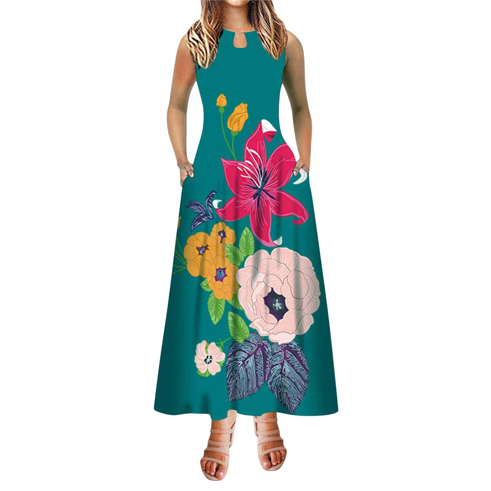 Floral Print Sleeveless Maxi Dress with Pockets - A-Line Summer Dress for Women, Elegant Round Neck Long Dress for Spring & Summer, Perfect for Beach Vacations, Garden Parties and Date Nights