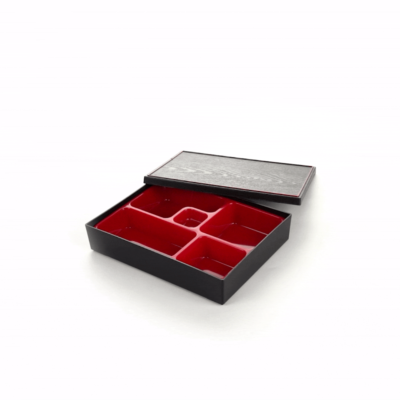 Japanese Style Bento Box - 5 Compartment Black & Red Lunch Box (10.75
