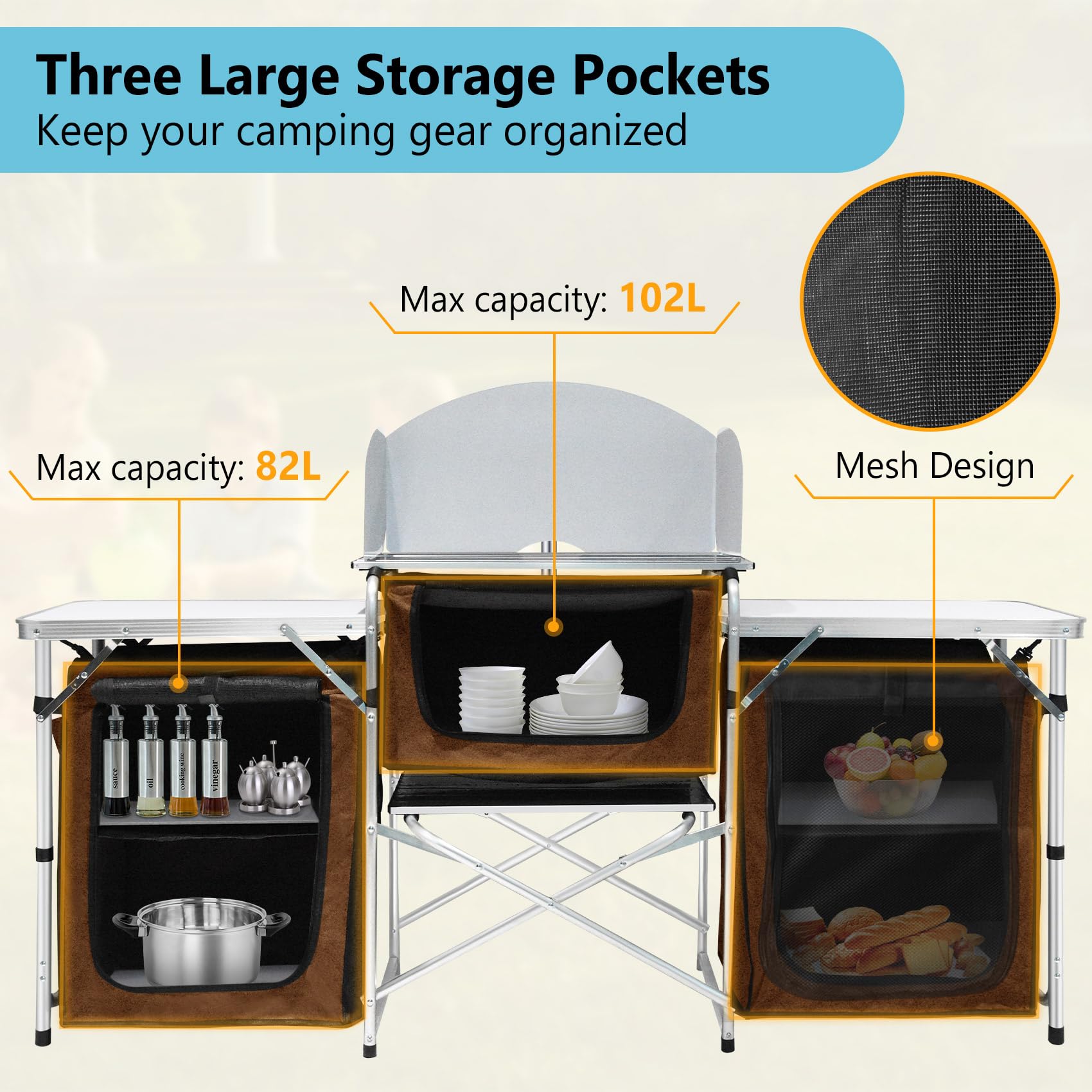 Portable Aluminum Camping Kitchen Table with Windscreen & 3 Storage Cupboards - Foldable Outdoor Cooking Table for BBQ, Picnics, Parties - Perfect for Camping, Backpacking & Tailgating Adventures