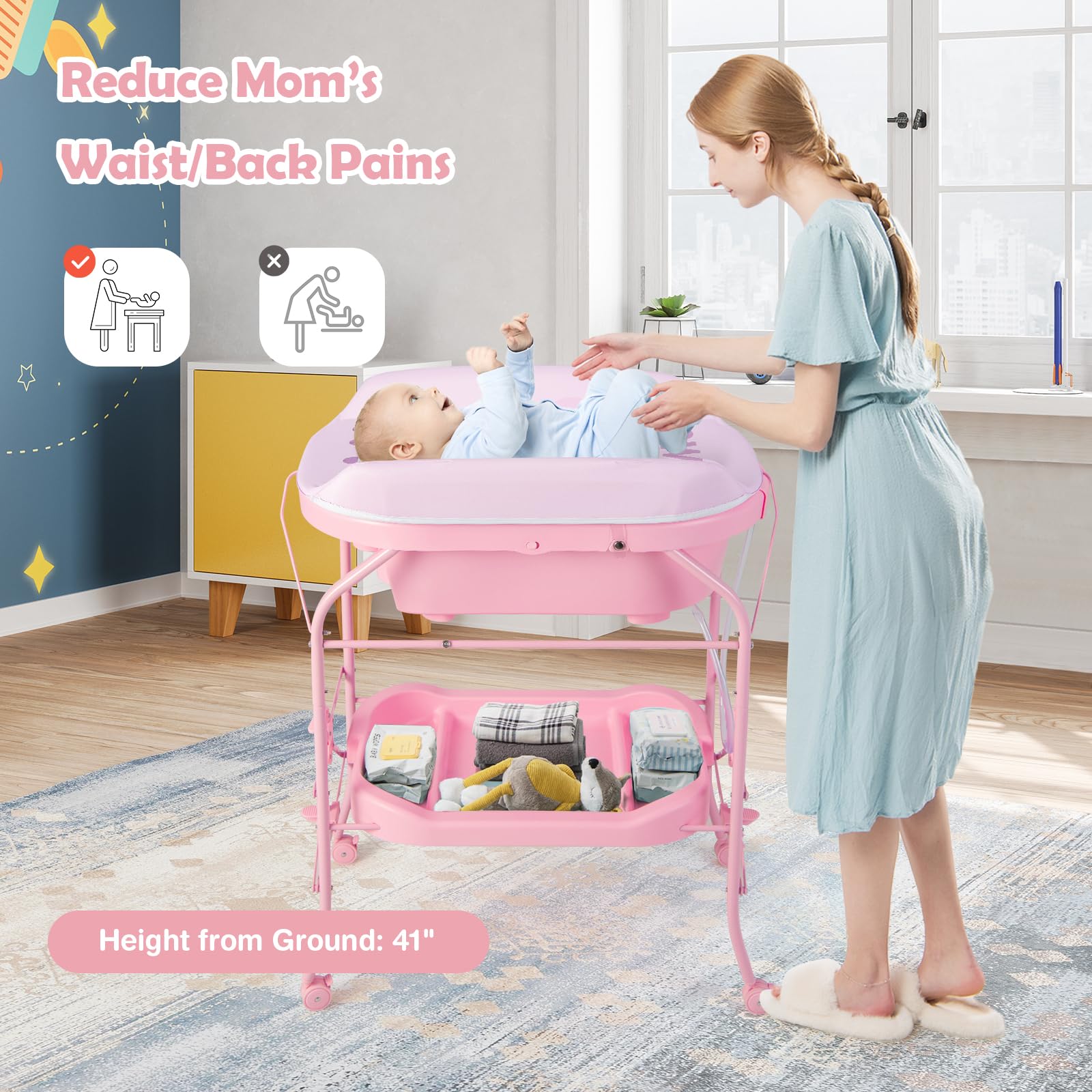 HONEY JOY Foldable Baby Changing Table with Bathtub & Wheels - Portable Diaper Changing Station with Storage Tray & Waterproof Pad - Nursery Organizer for Boys & Girls (Pink) - Perfect for Newborn Care, Bath Time & Nursery Organization