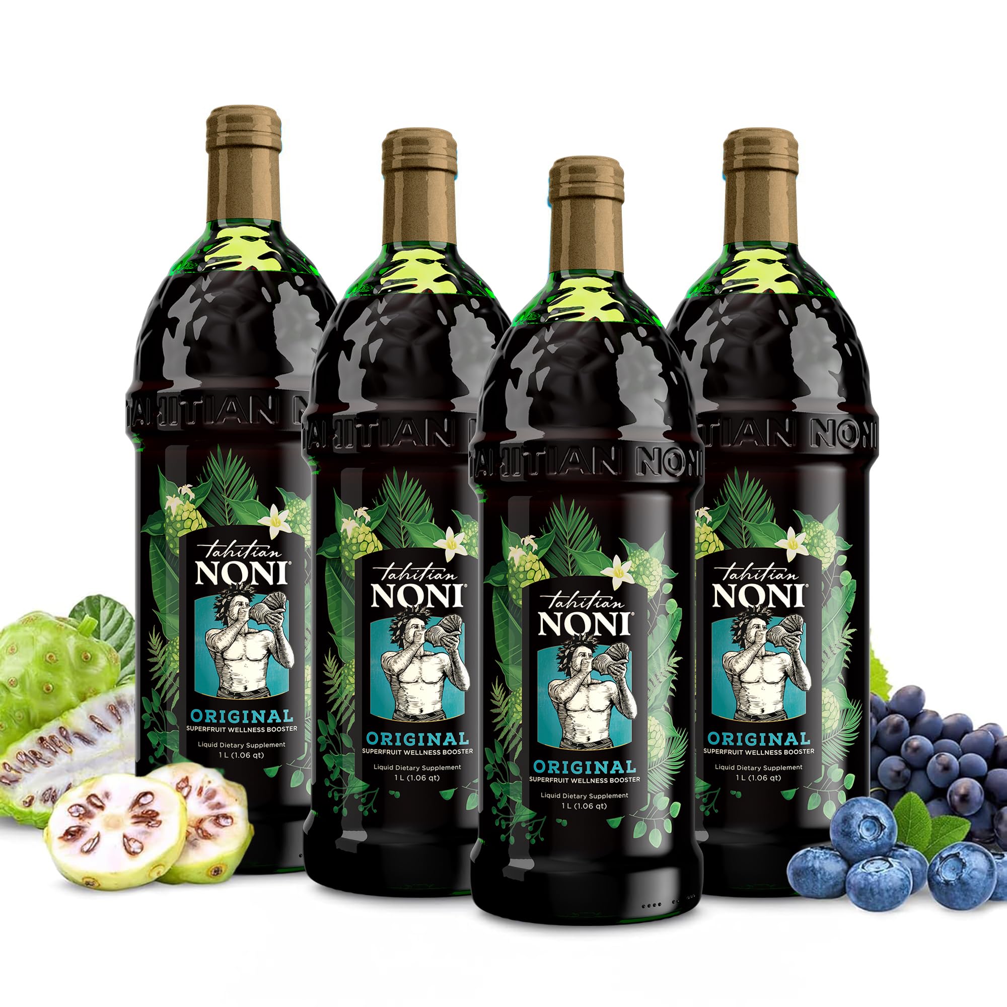Original Tahitian Noni Juice by Morinda - 100% Pure Noni Fruit Puree from Tahiti with Natural Blueberry & Grape (Resveratrol) - All-Natural Daily Wellness Drink - 4 x 1 Liter Bottles - Supports Immune System & Energy Boost - Perfect for Morning Routine, Workout Recovery & Healthy Lifestyle