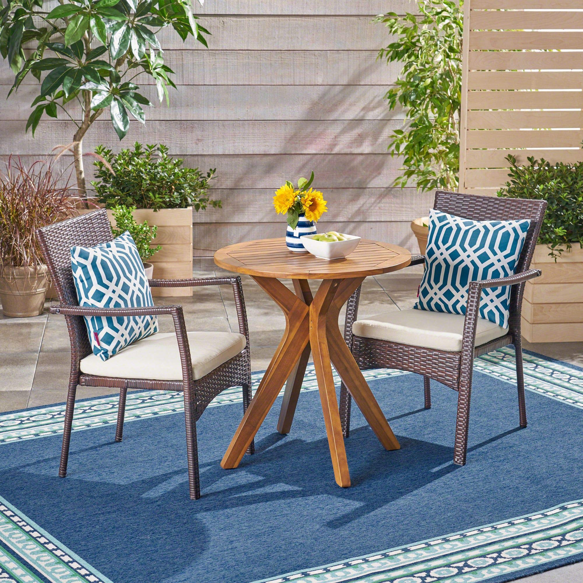 3-Piece Teak Brown Wicker Outdoor Patio Bistro Set with Cream White Cushions - Contemporary Rattan Furniture for Garden, Balcony & Poolside Relaxation