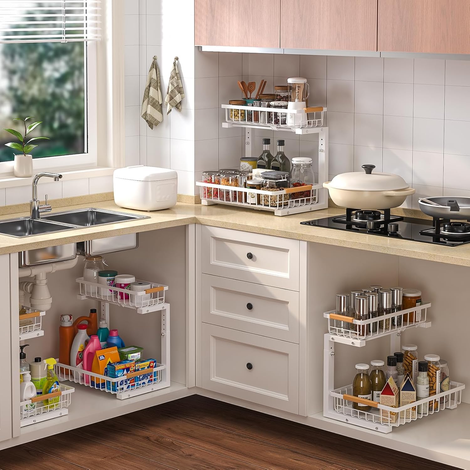 2-Tier Slide-Out Under Sink Organizer - Adjustable Height Pull-Out Cabinet Storage Drawer for Kitchen & Bathroom - Large Capacity Metal Rack Shelf Basket (White) - Perfect for Maximizing Under-Sink Space in Small Kitchens and Bathrooms