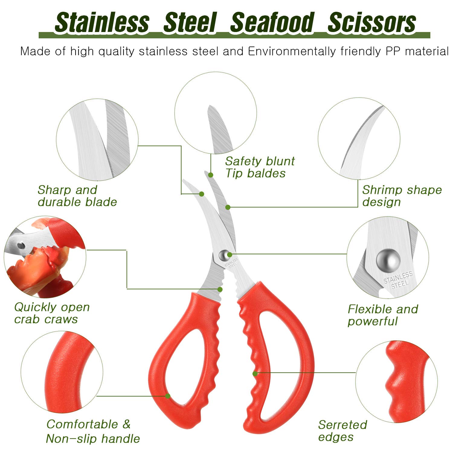 Honoson Kitchen Seafood Scissors Set - 3-Piece Multifunctional Stainless Steel Shears for Fish, Crab, Shrimp, Lobster - Red Peeling Tools for Home Cooking and Outdoor BBQ