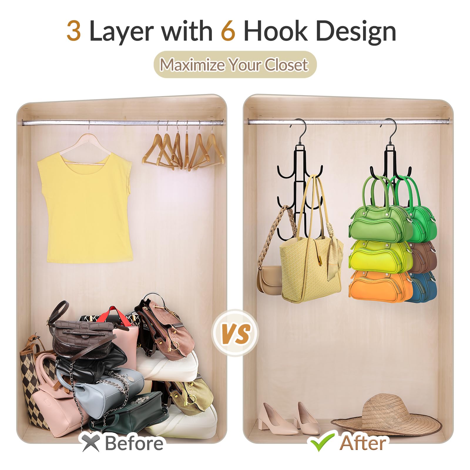 360 Degree Swivel Purse Hanger Organizer - Velvet Handbag Storage Hook with Metal Hanging Rack (2-Pack, Black) | Space-Saving Closet Organizer for Purses, Bags & Accessories | Perfect for Bedroom, Closet & Entryway Organization