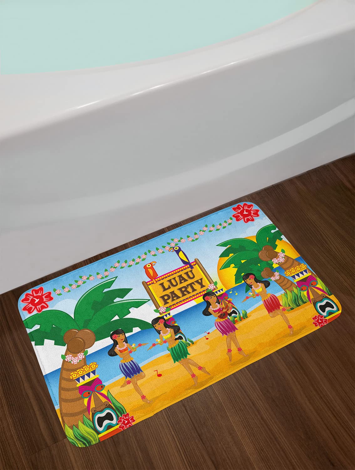 Ambesonne Non-Slip Tiki Bar Bath Mat - Hawaiian Luau Party Cartoon Design with Beach Dancers, Soft Plush Bathroom Decor Mat, 30.2