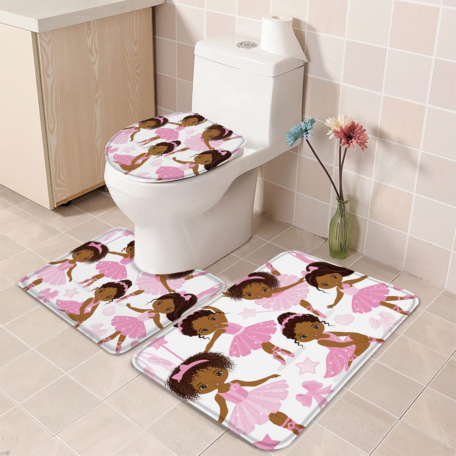 3-Piece Funny Ballerina Dancer Bathroom Rug Set - Non-Slip Toilet Seat Cover, Contour Rug & Pedestal Mat (20