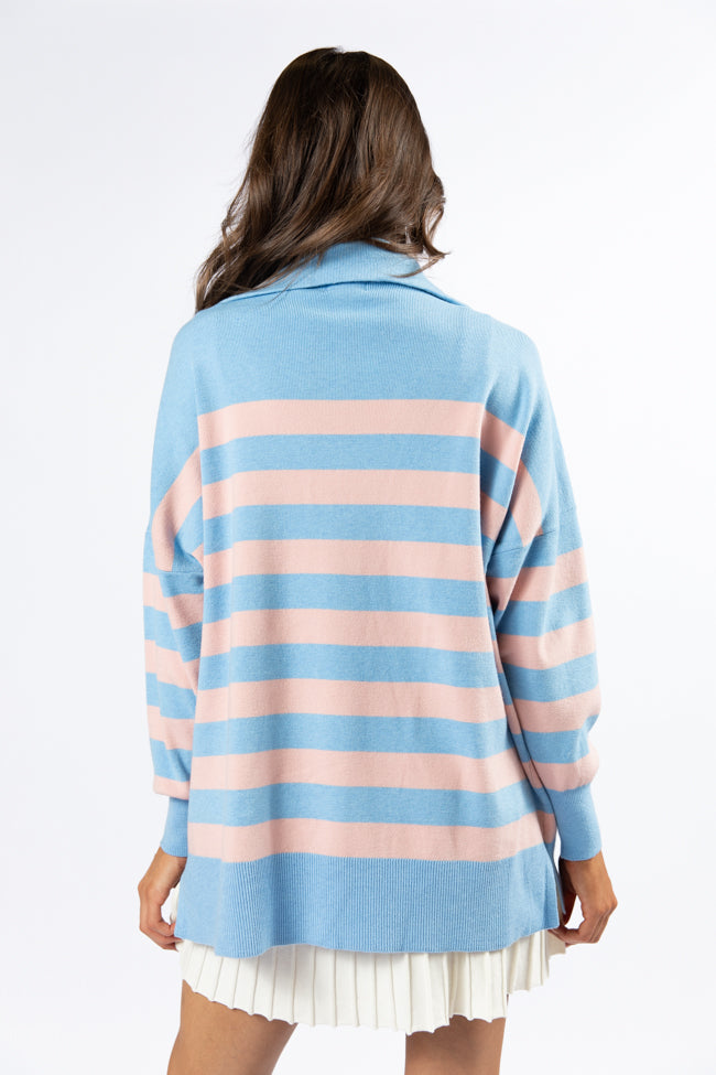 Blue and Coral Striped Quarter Zip Pullover - Soft & Stylish Pullover Sweatshirt for Women | Perfect for Casual Outings, Layering & Fall Fashion