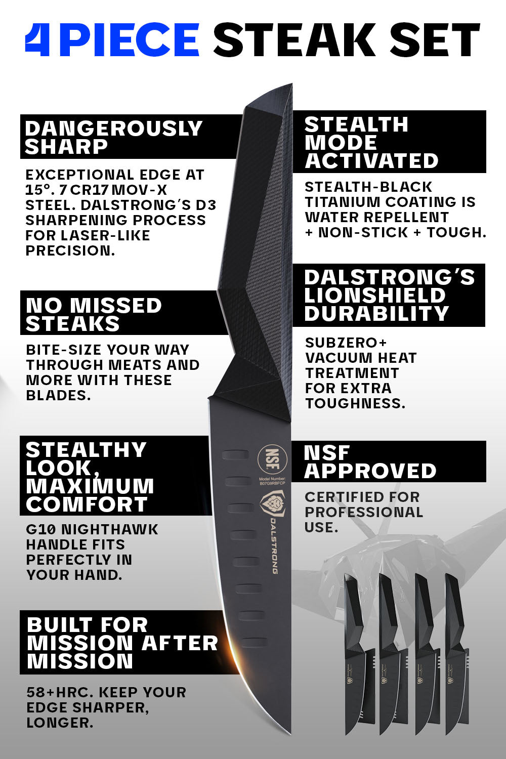 Premium 4-Piece Steak Knife Set - Shadow Black Series | NSF Certified | High-Performance German Steel | Dalstrong | Perfect for Steak Dinners, BBQ Parties & Gourmet Cooking