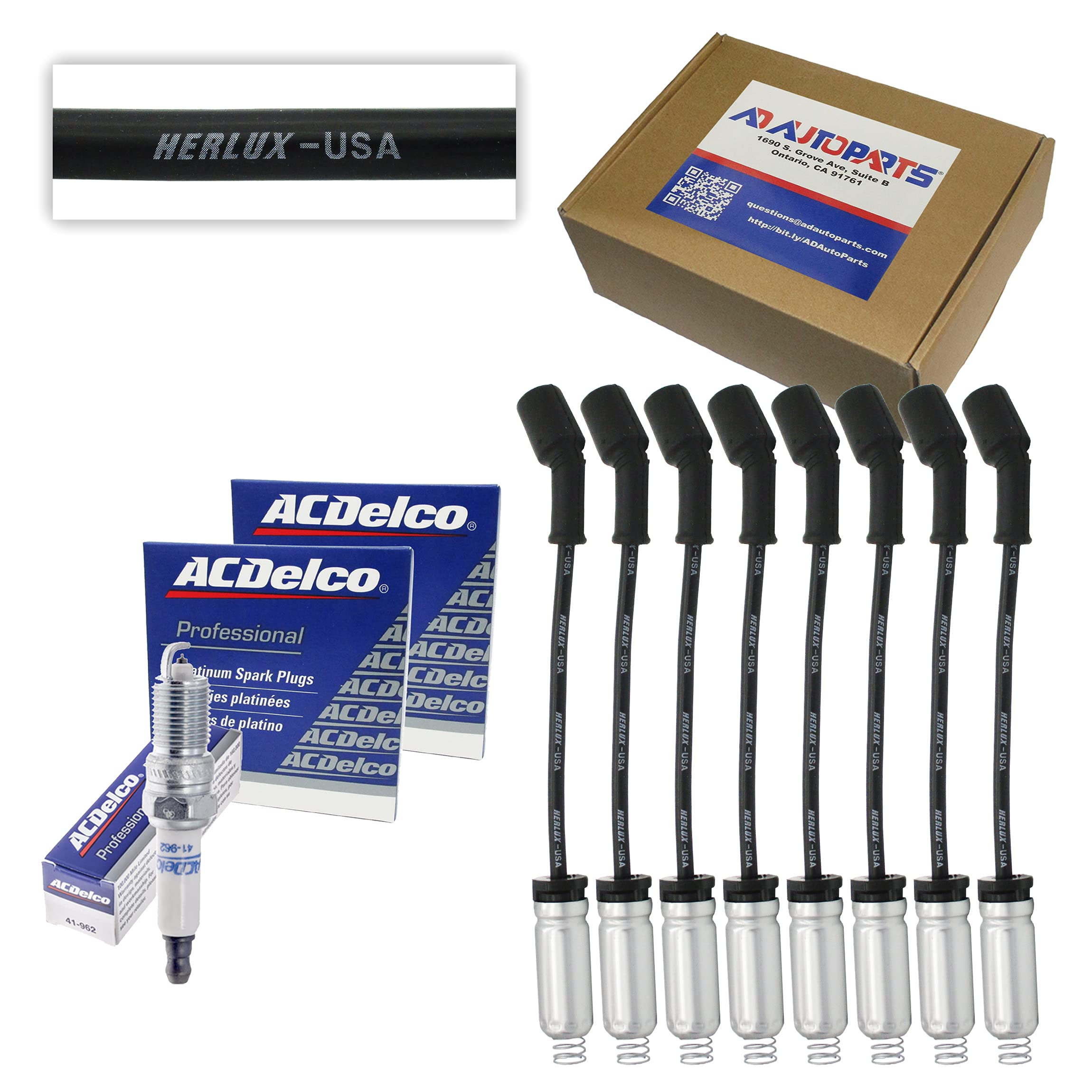 8 ACD-OEM 41-962 Double Platinum Spark Plugs with Herlux 8mm Spark Plug Wires & Heat Shields - Compatible with LS2 LS3 LS4 LS7 Engines - High Performance Ignition Upgrade for GM Vehicles