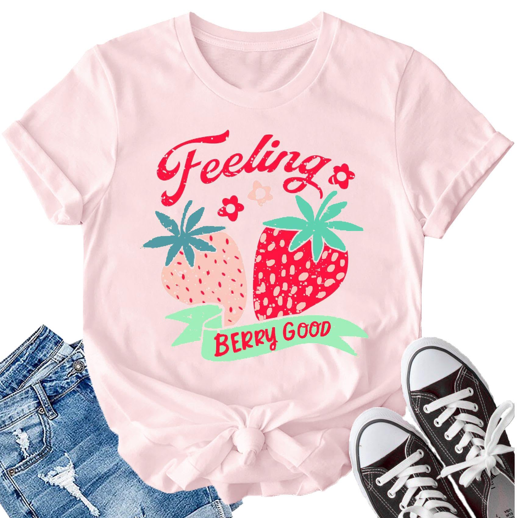 LBP Women's Cute Strawberry Graphic T-Shirt - Fruit Lover Casual Tee with 'Feeling Berry Good' Print - Perfect for Summer Outfits, Girls Day Out & Casual Wear