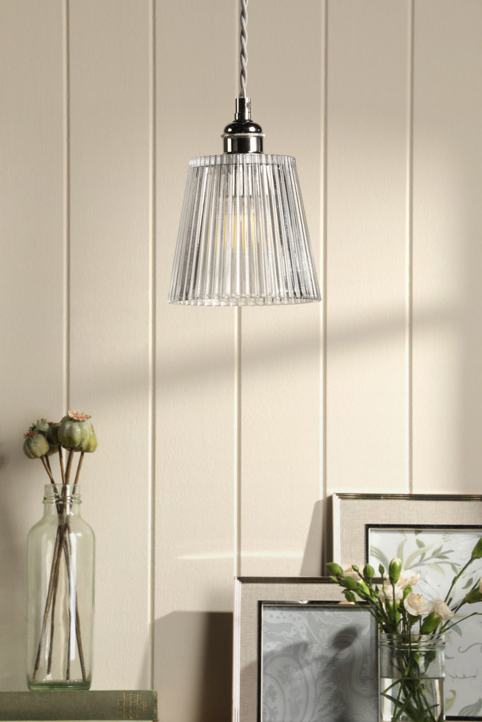 Callaghan Pendant Light Fixture - Polished Nickel & Antique Brass with Ribbed Glass Shade, E14 Base - Perfect for Dining Room, Kitchen Island or Bedroom Lighting