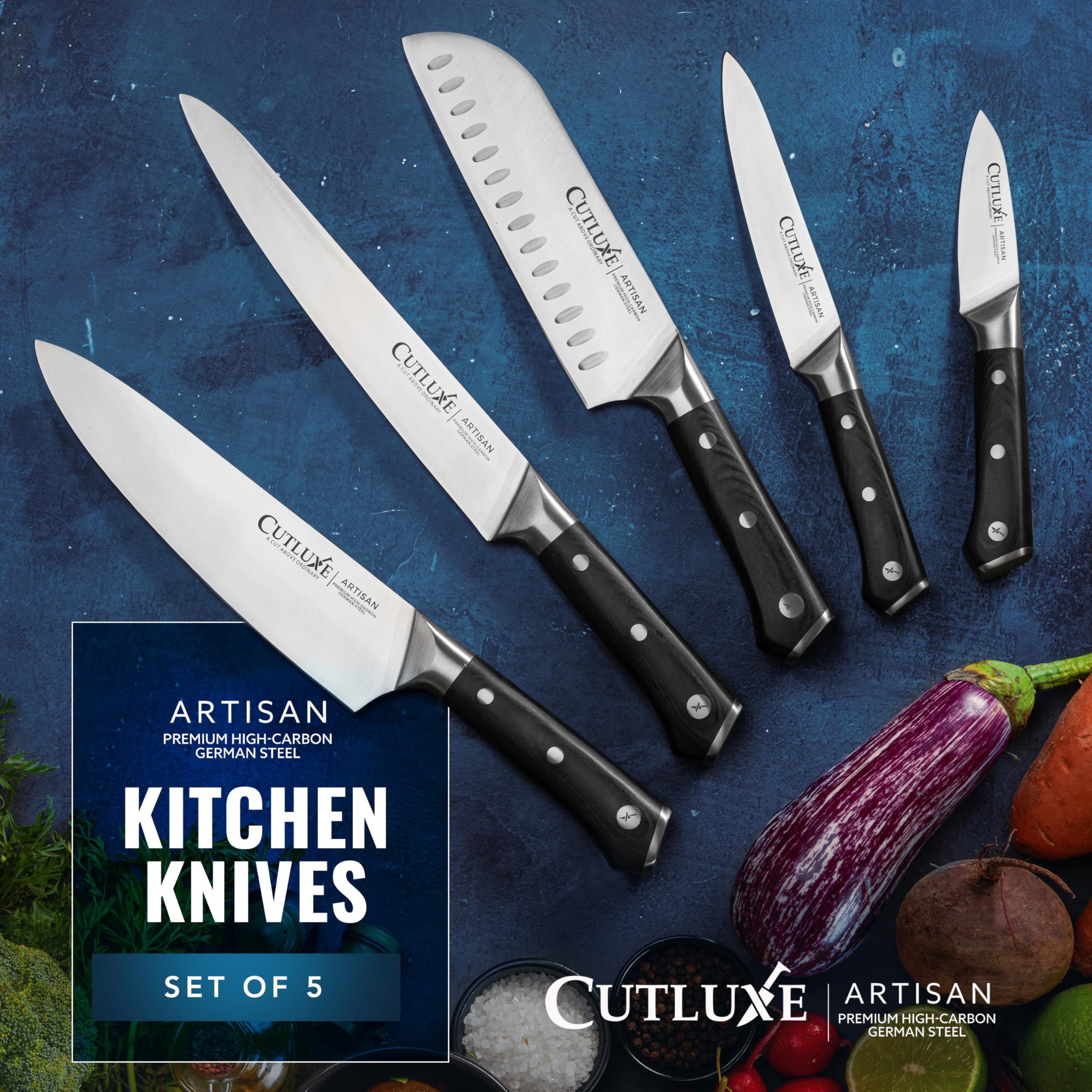 Cutluxe 5-Piece Professional Chef Knife Set - Razor Sharp German Stainless Steel with Full Tang & Ergonomic Handles - Artisan Series for Home Cooking, Restaurant Use & Gourmet Food Preparation