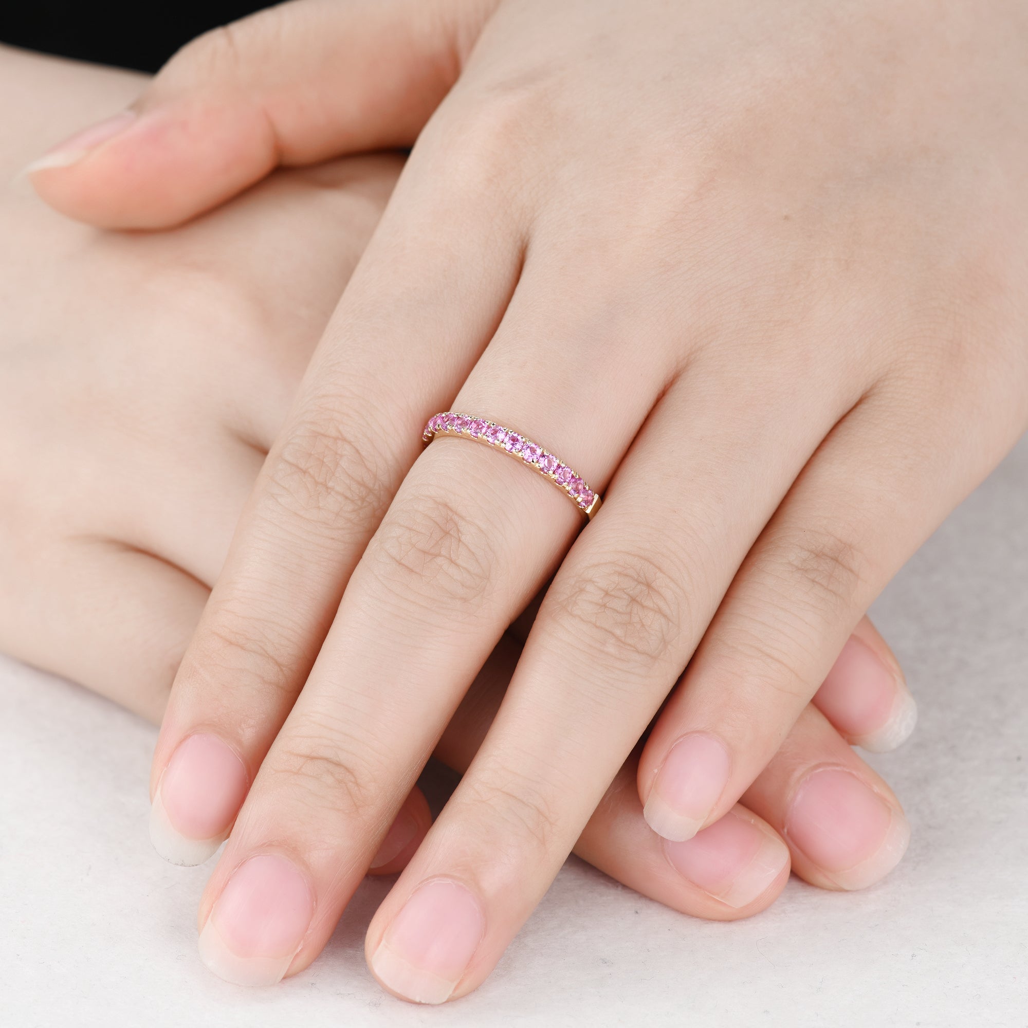 Pink Sapphire Wedding Band Ring - 14K Rose Gold Half Eternity Ring with 2mm Pave Diamonds | Elegant Bridal Jewelry for Engagement, Anniversary & Special Occasions