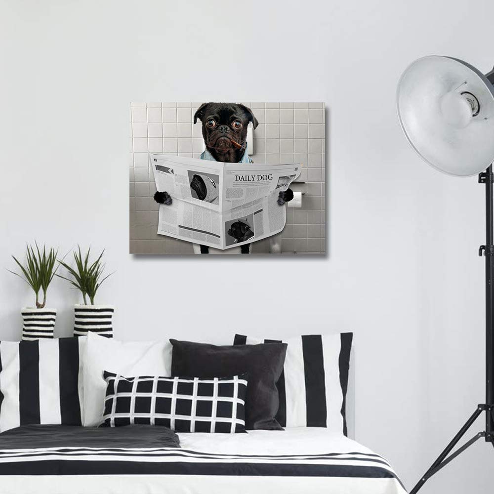 Funny Pug Dog Reading Newspaper Smoking Cigar Canvas Wall Art - Modern Bathroom Decor Oil Painting Print 12x16 Inch - Perfect for Nursery, Office, Living Room & Bedroom Decor | Humorous Toilet-Themed Gift Idea