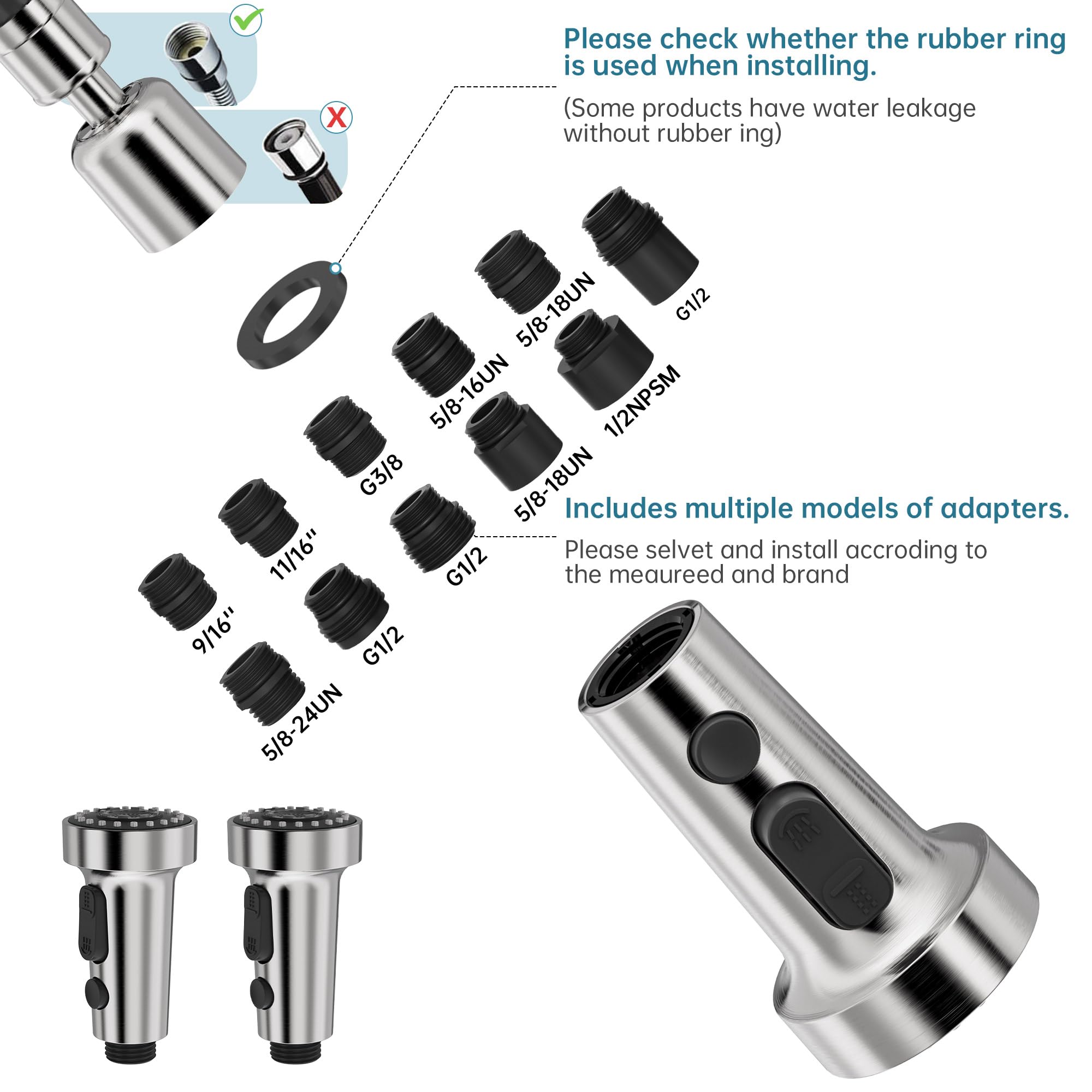 Brushed Nickel Kitchen Faucet Spray Head with 11 Adapters - 3-Mode Pull Down Faucet Replacement Nozzle for Sink - ABS Durable Sprayer for Washing Dishes, Fruits & Vegetables