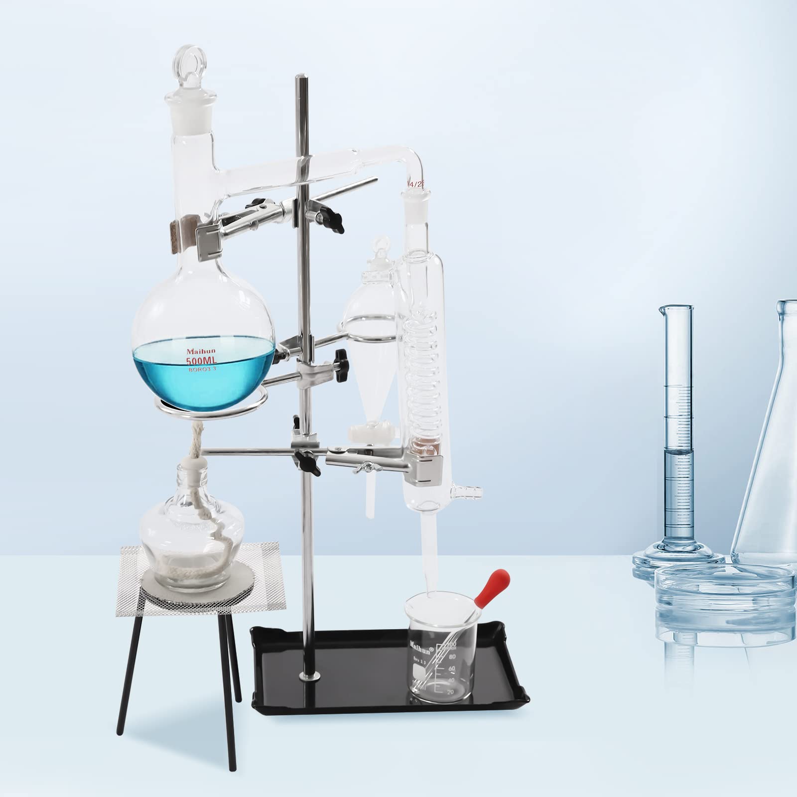 500ml Lab Glassware Distillation Kit - Steam Water & Alcohol Distiller, Organic Chemistry Purifier Equipment for Home & Lab Use | Perfect for Essential Oil Extraction, Chemistry Experiments & DIY Distilling