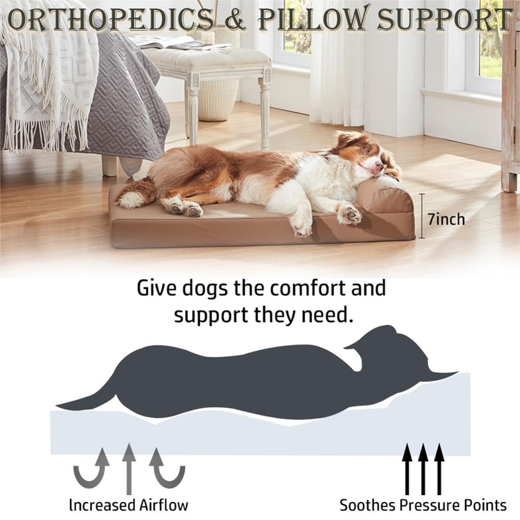 Orthopedic Dog Bed for Large Dogs - Waterproof Faux Leather Pet Bed with Bolster, 40 x 26 Inches - Perfect for Senior Dogs & Joint Pain Relief - Ideal for Living Room, Bedroom or Crate Use