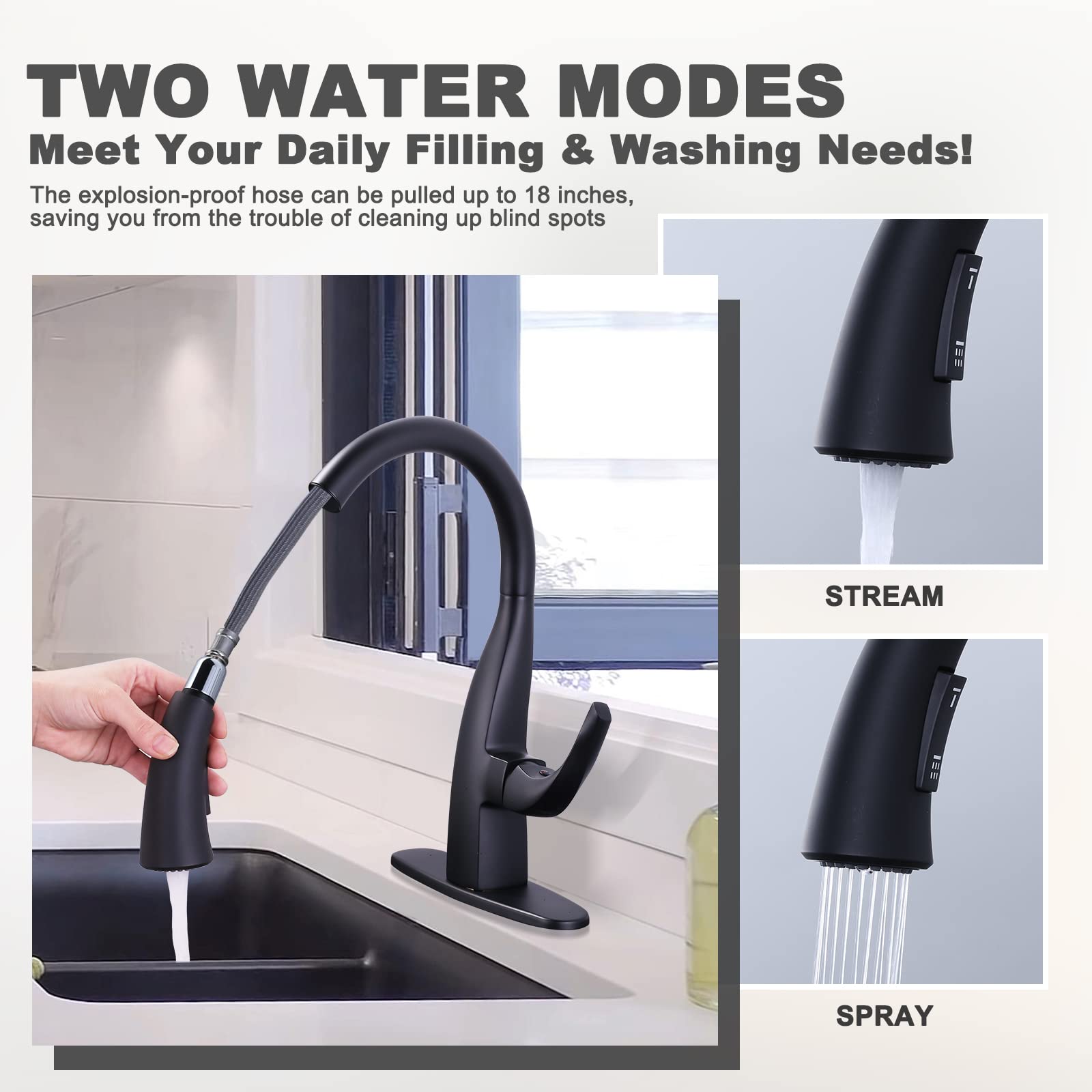 WOWOW Black Kitchen Faucet with Pull Down Sprayer - Single Handle Gooseneck Sink Faucet for 1 or 3 Hole Installation - Includes Soap Dispenser - Perfect for Farmhouse, RV, Camper, Laundry & Bar Sinks