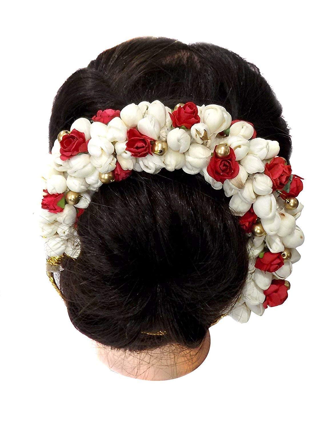 SIYAA Hair Bun Gajra Flower - Red & White Artificial Hair Jewelry for Women | Pack of 1 | Perfect for Weddings, Parties & Traditional Indian Hairstyles
