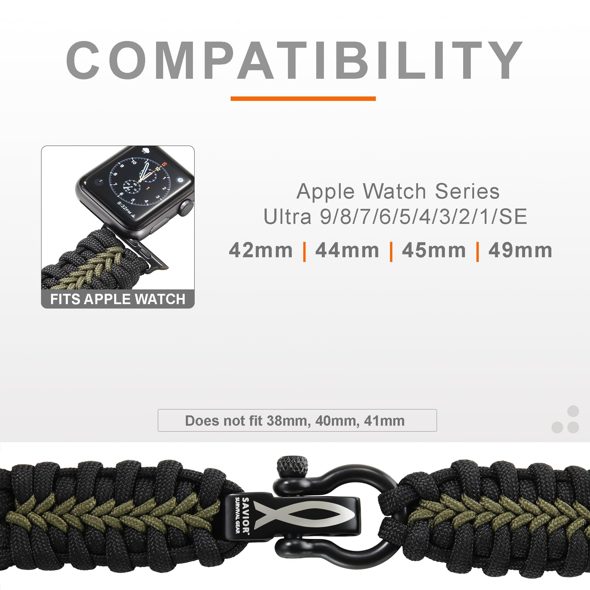 Savior Survival Gear Paracord Watch Band - Compatible with Apple Watch Series 42mm 44mm 45mm 49mm, 550 Paracord Bracelet with Stainless Steel Shackle for Men & Women (Black & Green, Large) - Perfect for Outdoor Adventures, Hiking, Camping & Emergency Survival