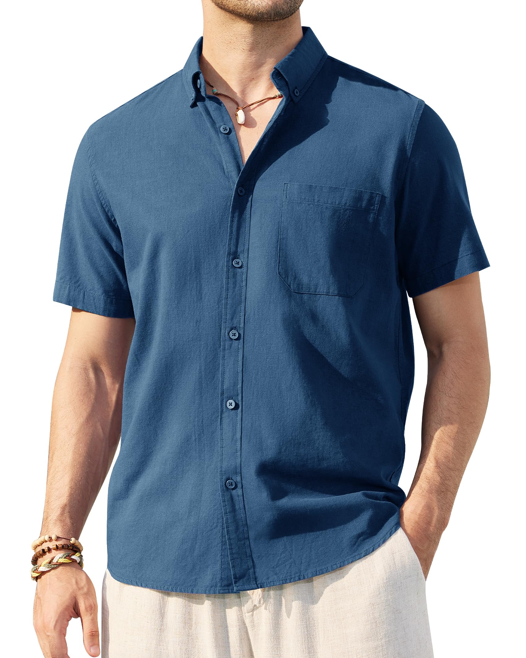 Men's Linen Short Sleeve Button Down Shirt - Breathable Cotton Casual Summer Shirt with Collar | Perfect for Beach, Vacation & Outdoor Activities