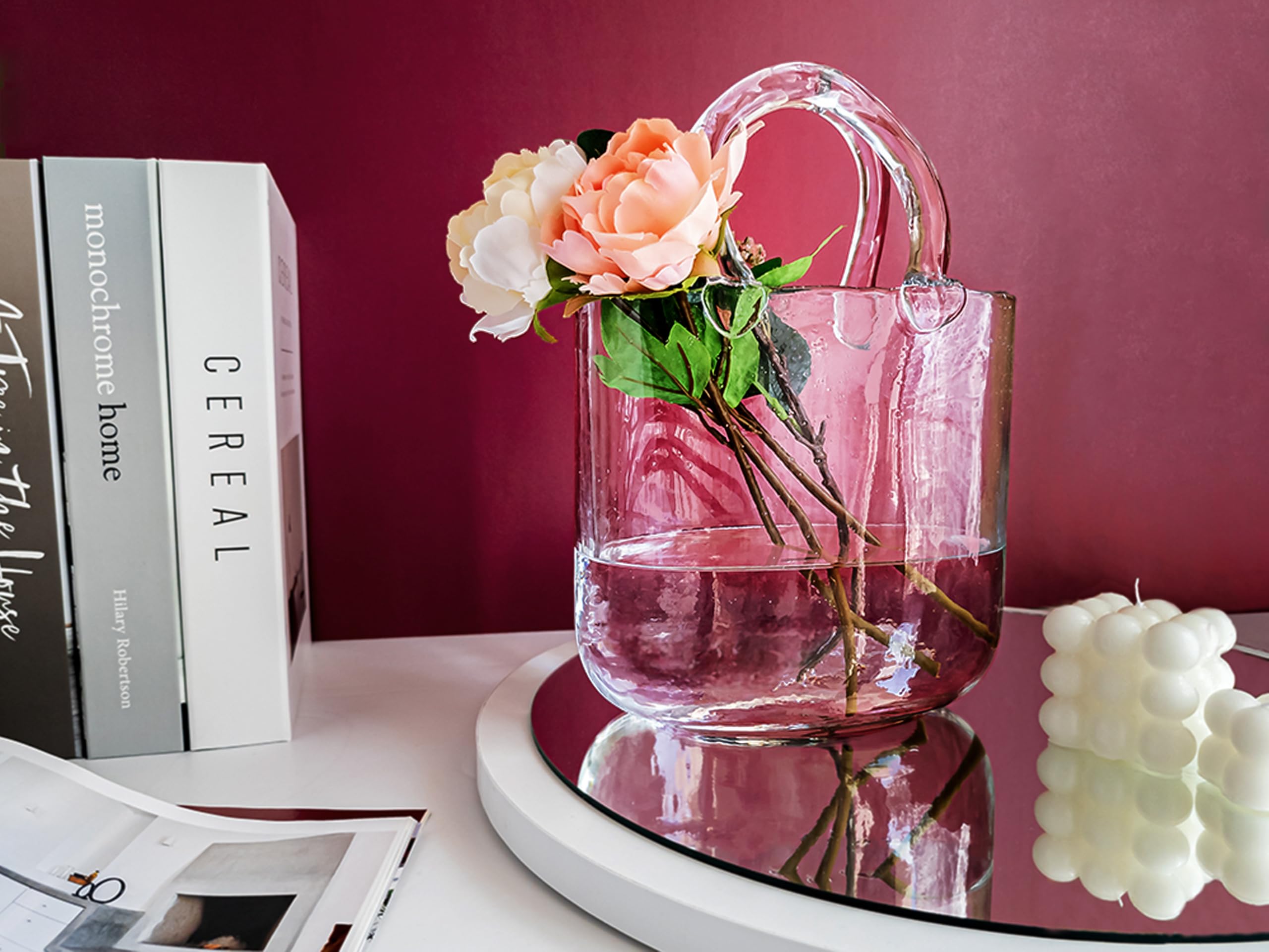 OLEEK Handmade Clear Glass Purse Vase - Elegant Flower Vase & Fish Bowl for Home Decor, Wedding Centerpieces, and Party Drinks - Unique Glass Handbag Vase for Flowers and Tabletop Decor