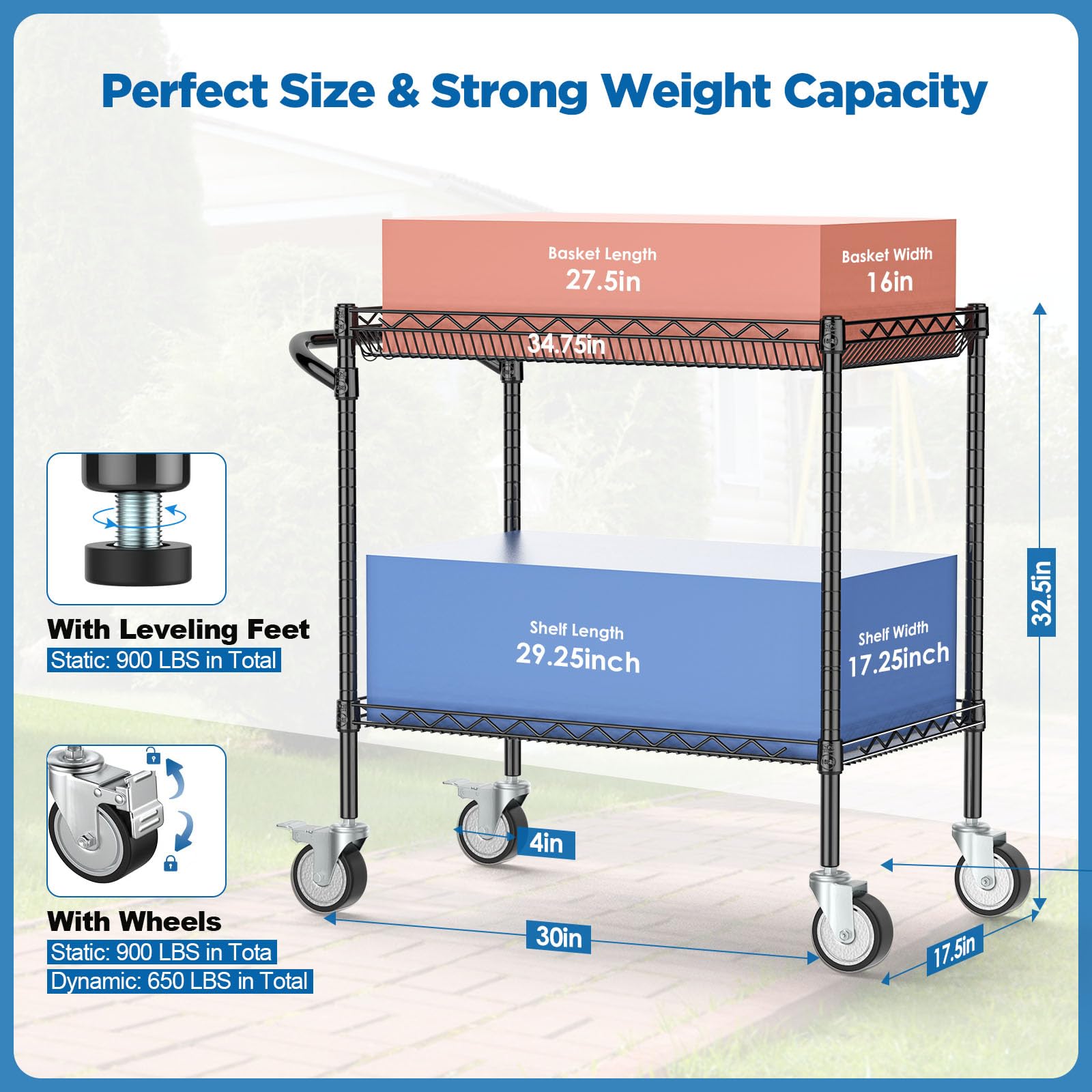 Leteuke Heavy Duty Utility Cart with Wheels - 900LBS Capacity Rolling Work Cart with Handle for Outdoor Cooking, Perfect for Blackstone Griddle, Ninja Grill, Pizza Oven, BBQ & Kitchen Use - Ideal for Patio, Backyard, Camping & Commercial Kitchens (Black)
