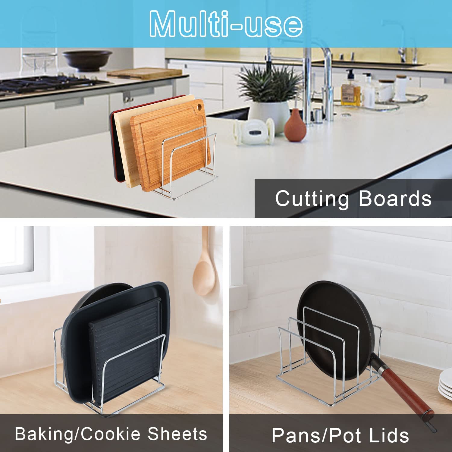 Premium Indian Decor 31423 Bamboo Cutting Board Organizer - 4-Slot Kitchen Storage for Pans, Baking Sheets, Cooling Racks & Serving Trays (2 Adjustable Widths) | Space-Saving Countertop Organizer for Small Kitchens & Pantry Organization