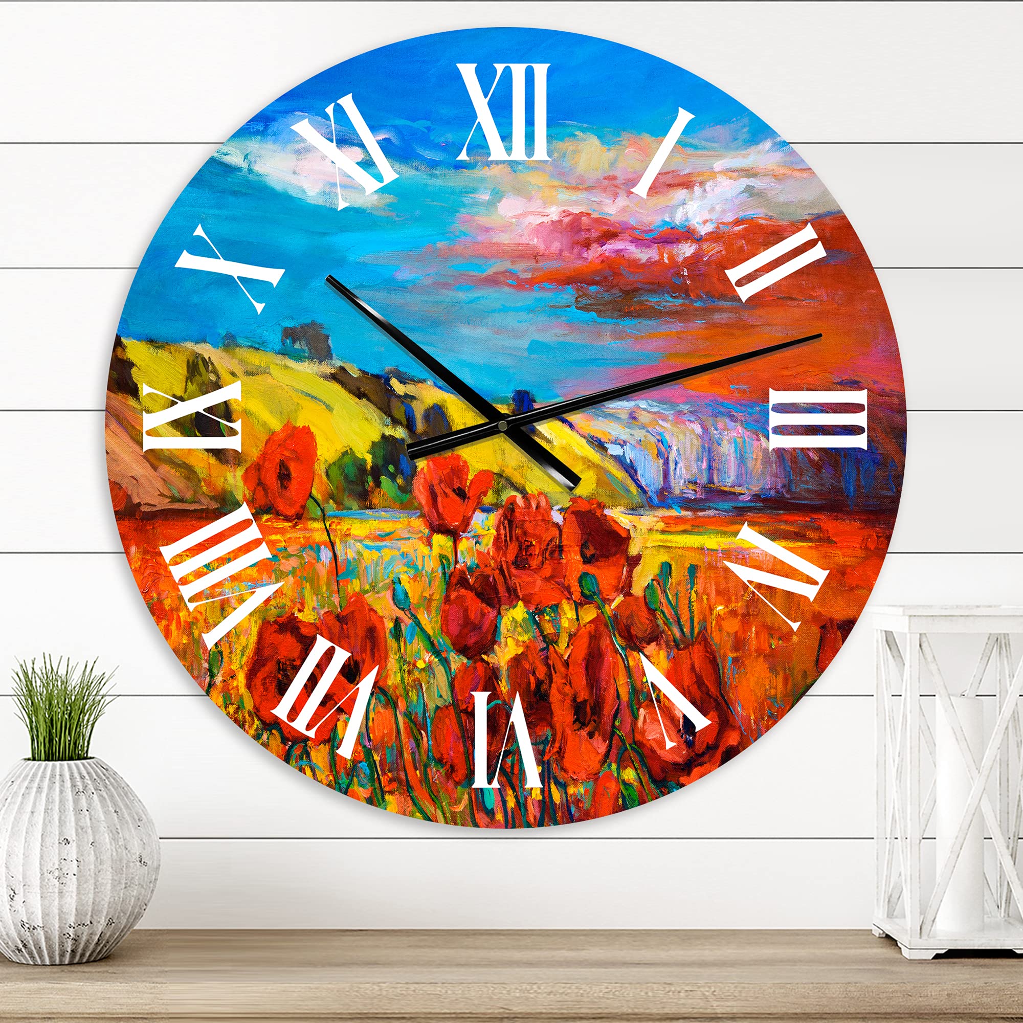 DesignQ Traditional Wall Clock 'Blossoming Red Poppy Fields Under Blue Sky' - Large Floral Botanical Wall Clock for Bedroom, Living Room, Office Decor | Perfect Home & Office Decoration Gift