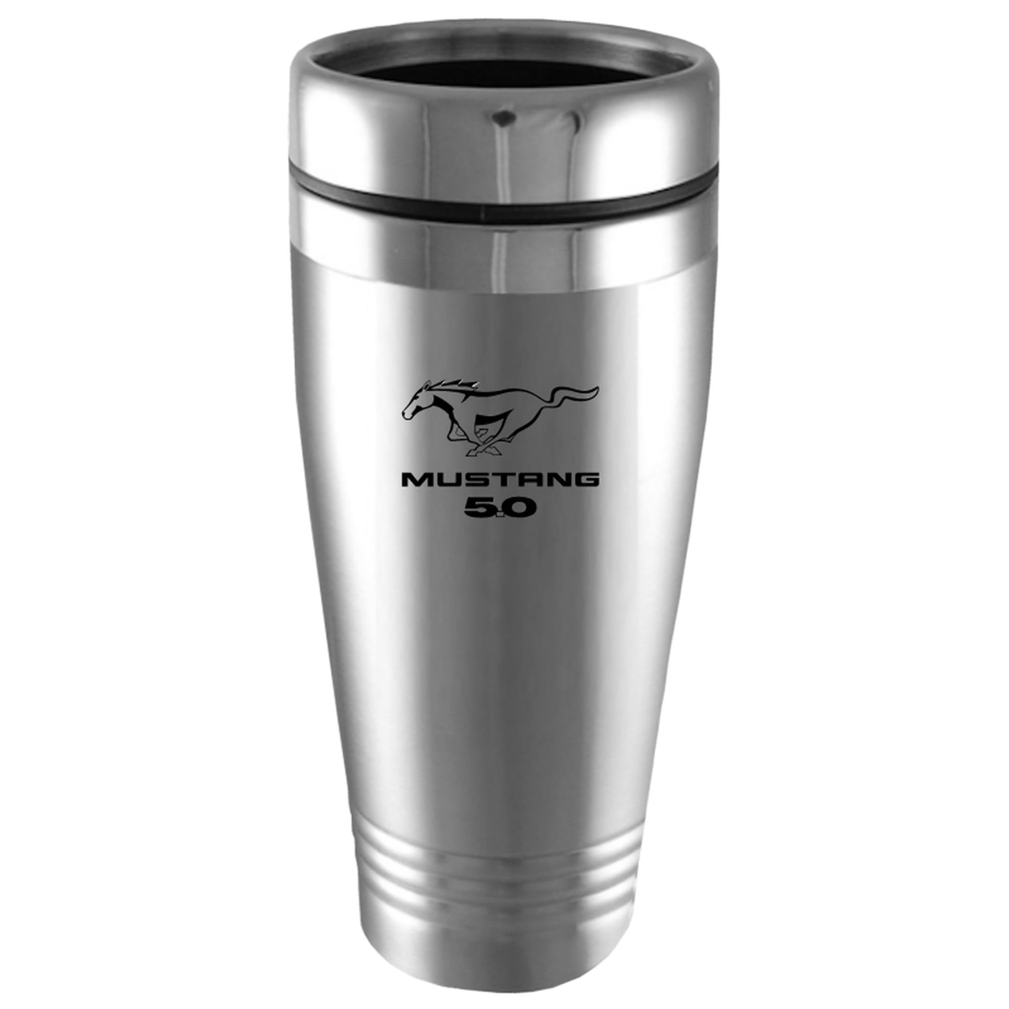 Ford Mustang Travel Mug - 16oz Insulated Stainless Steel Coffee Cup with Lid, Silver - Perfect for Commuting, Road Trips & Office Use